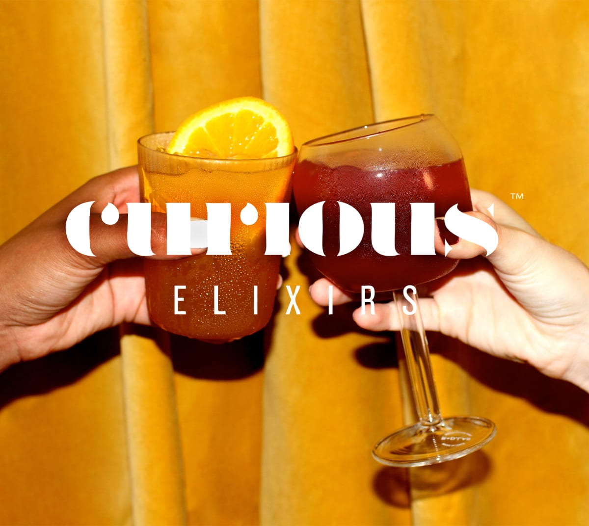 Curious Elixirs logo + two hands carrying cocktails