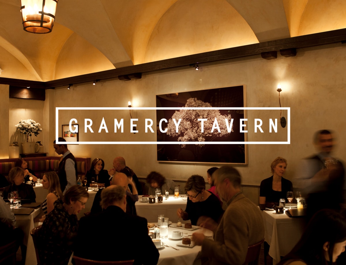 Gramercy Tavern logo + interior of Gramercy Tavern restaurant