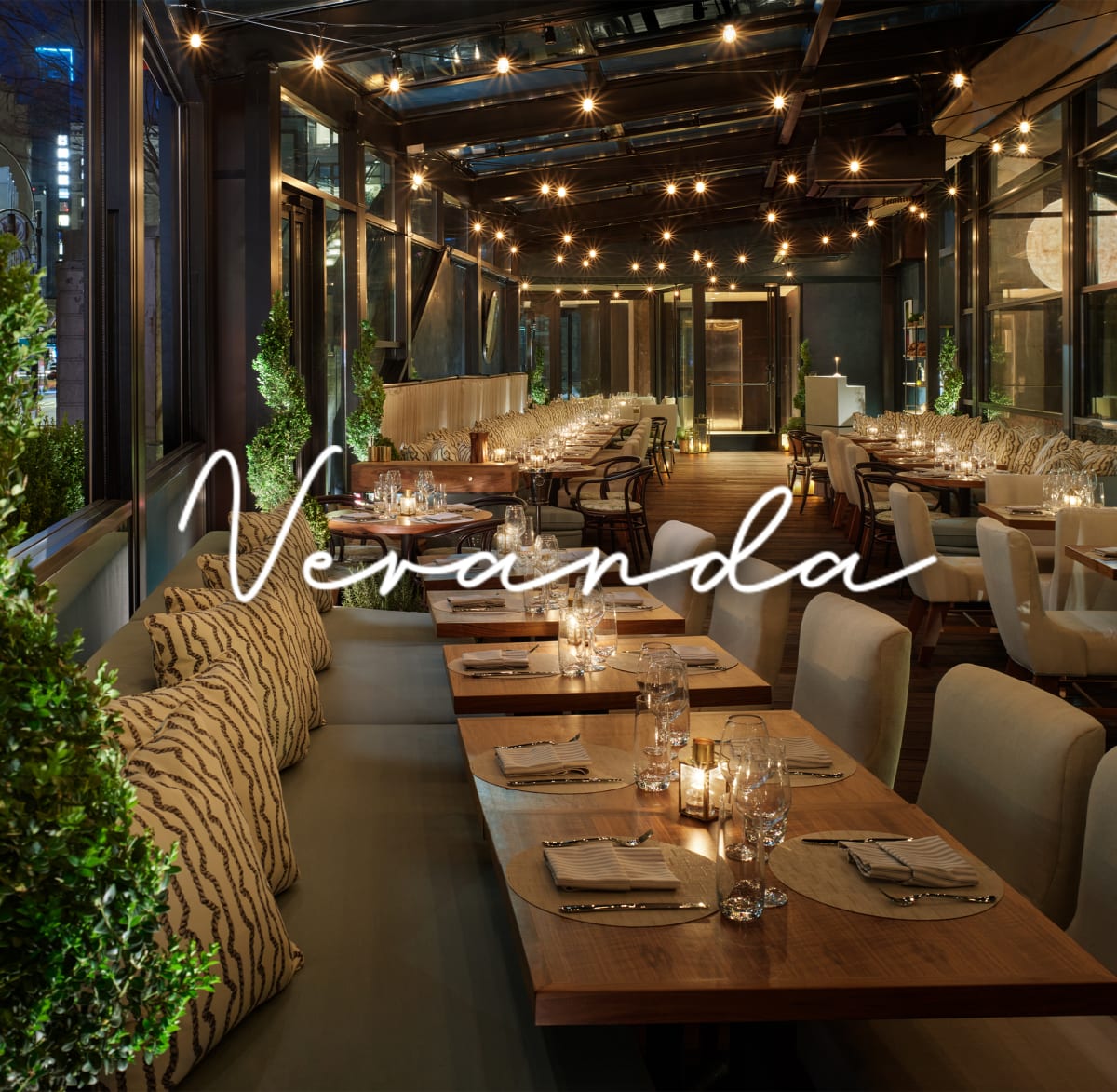Veranda logo + interior of Veranda restaurant