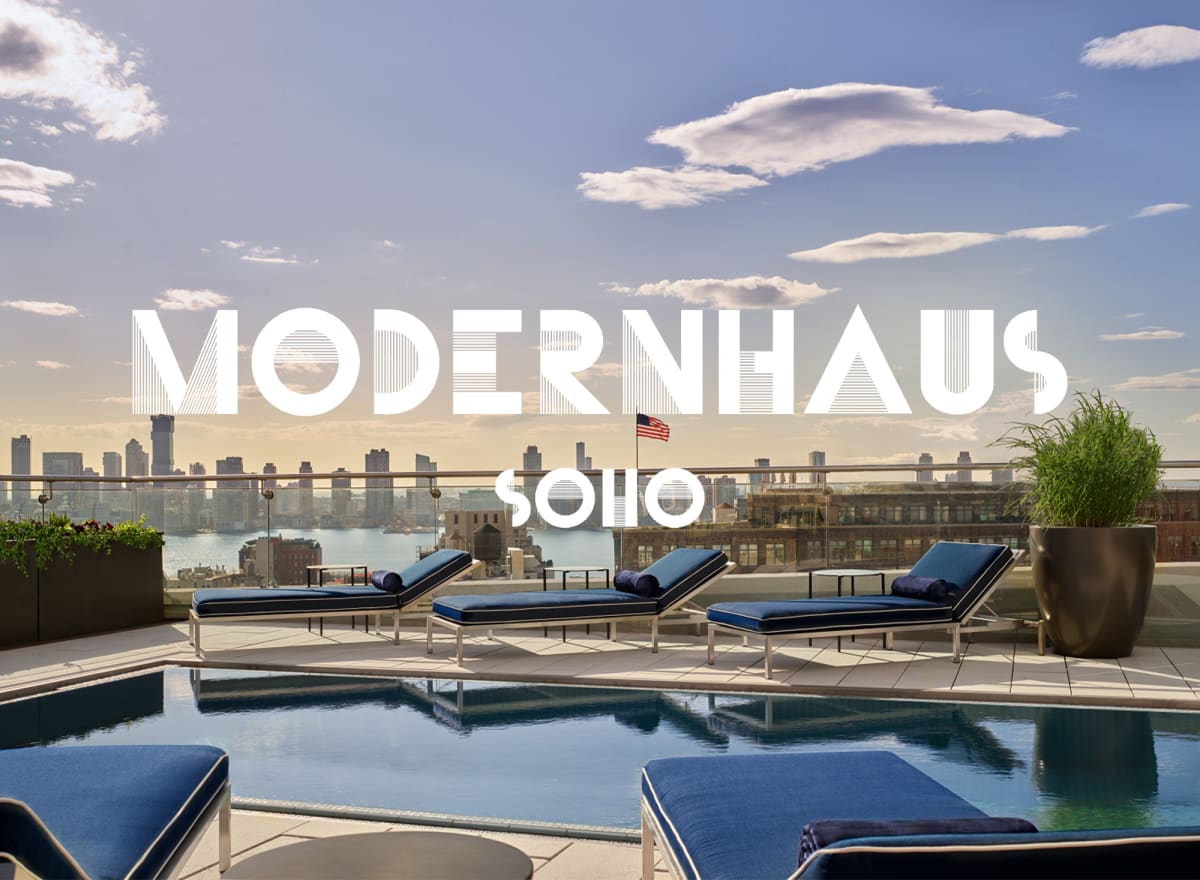 ModernHaus Soho logo + rooftop of ModernHaus Soho hotel