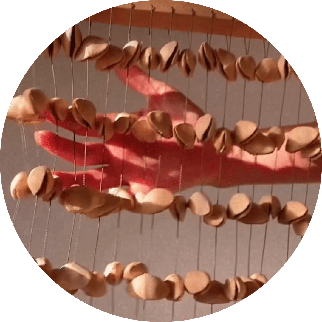 hand rustling strings of shells