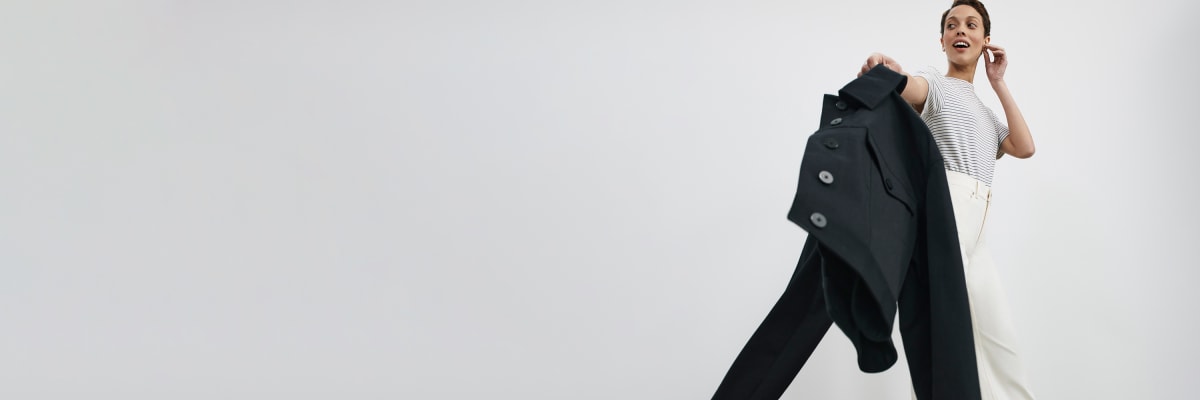 image of a woman wearing the anna jacket and leslie t-shirt