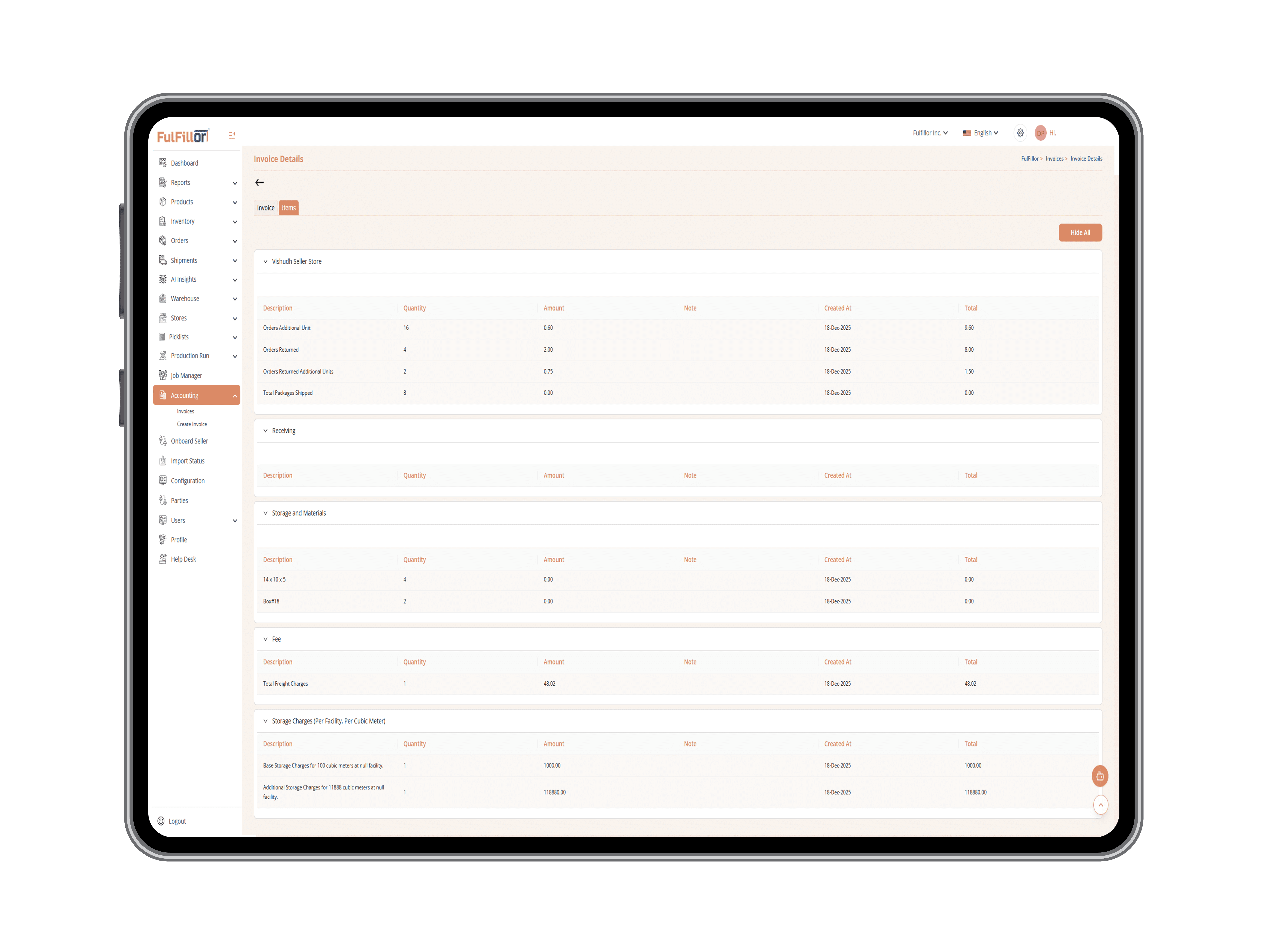 3PL billing automation dashboard showing storage charges, receiving fees, and invoice totals inside a multi-client warehouse management system.
