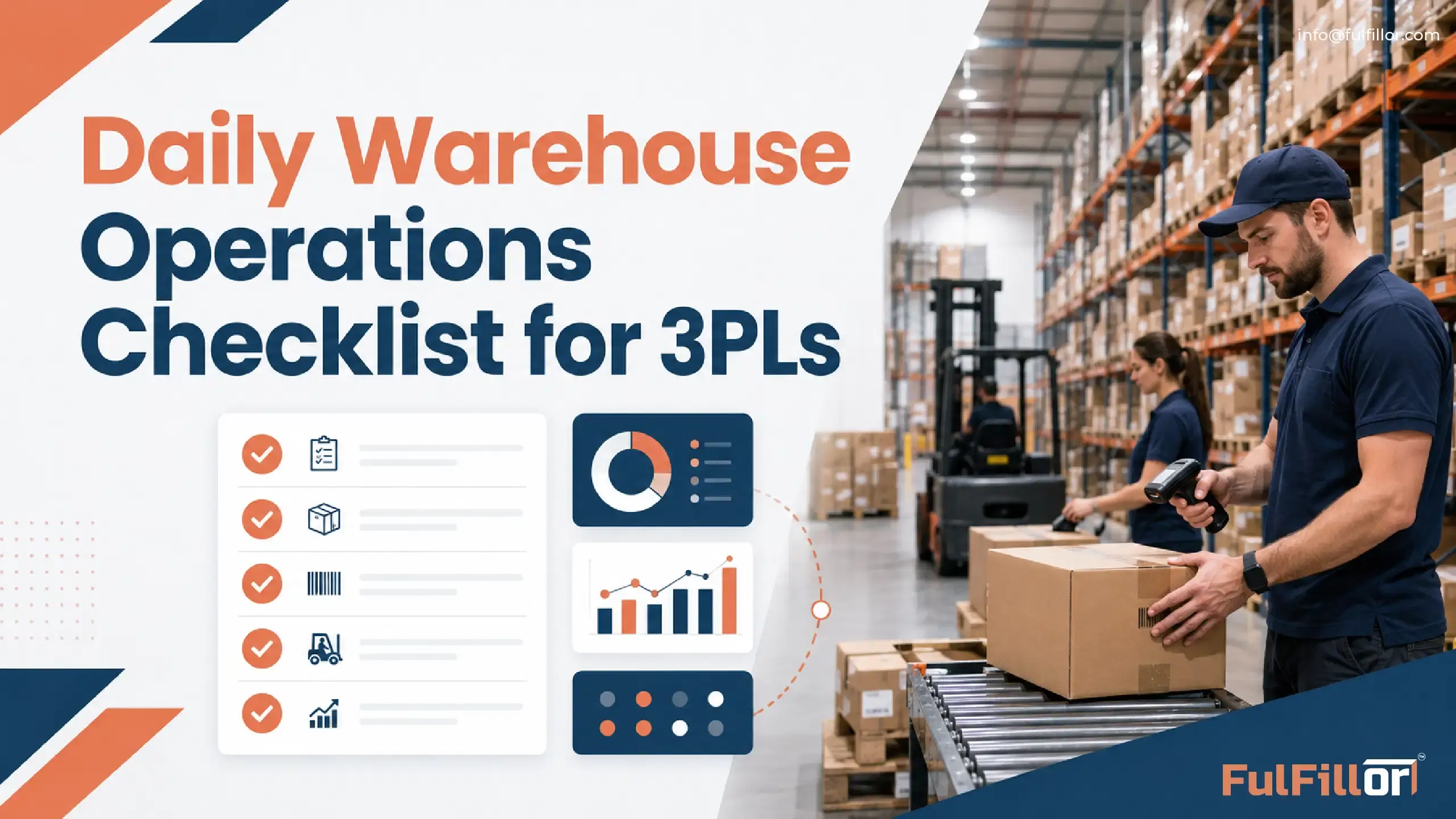 Warehouse supervisors reviewing daily operations on a laptop in a 3PL facility