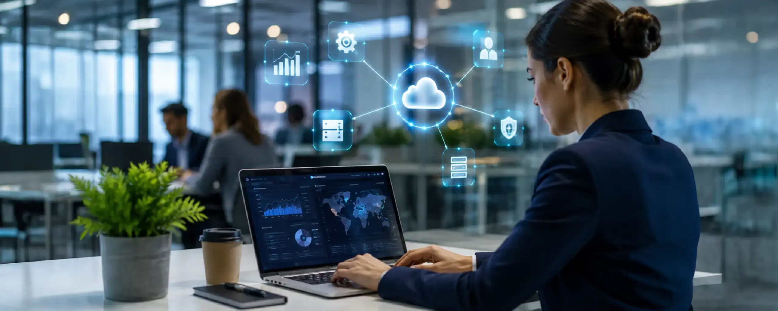 Business professional managing an AI-enabled custom ERP cloud architecture
