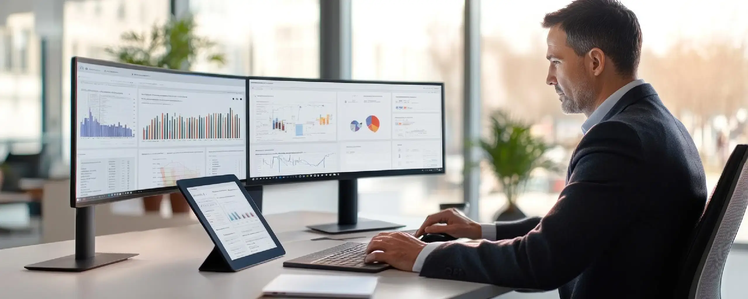 Business professional monitoring ERP data migration progress and validation