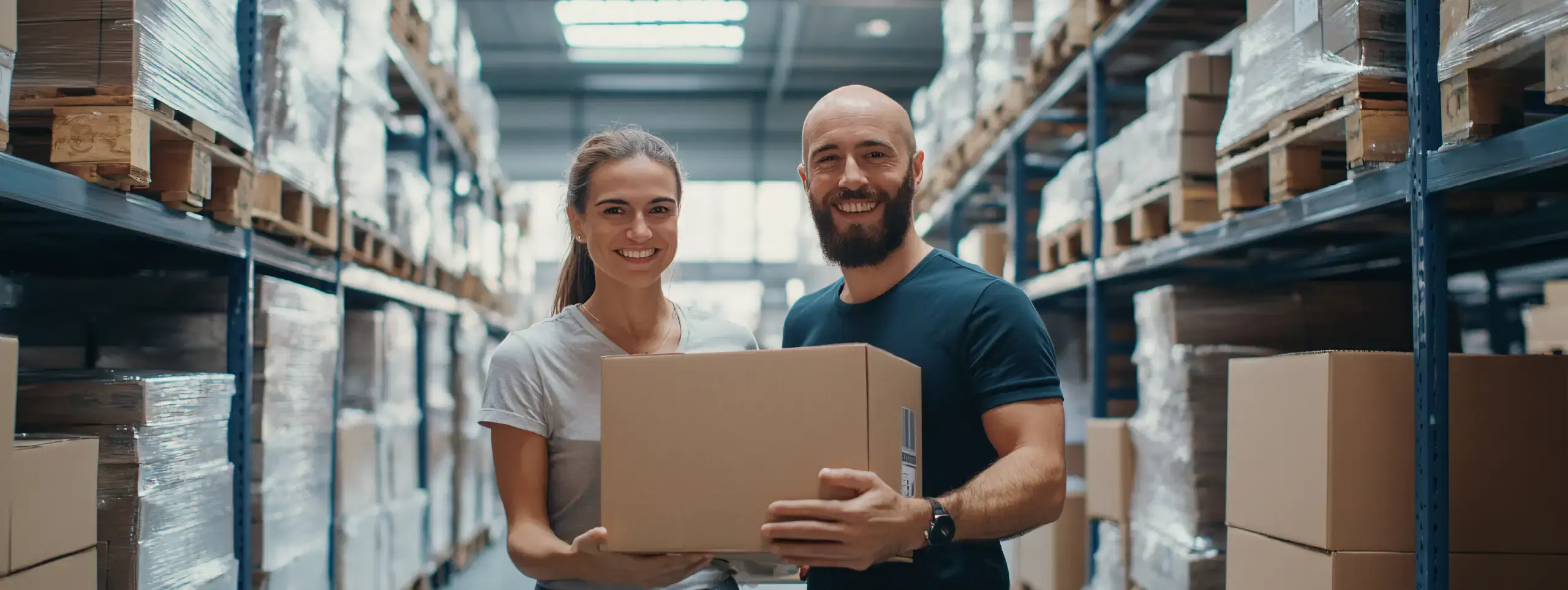 Warehouse team handling a parcel in a retail fulfillment center