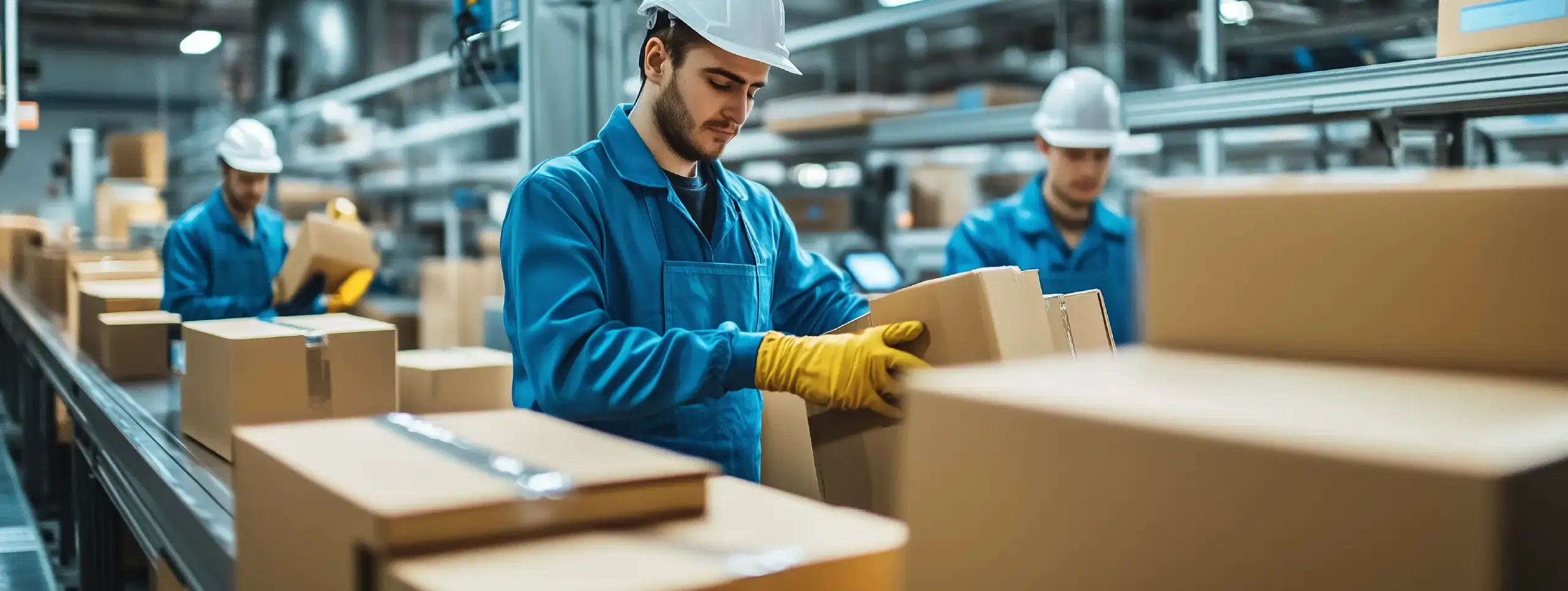 Warehouse workers packing customer orders on a conveyor during peak season