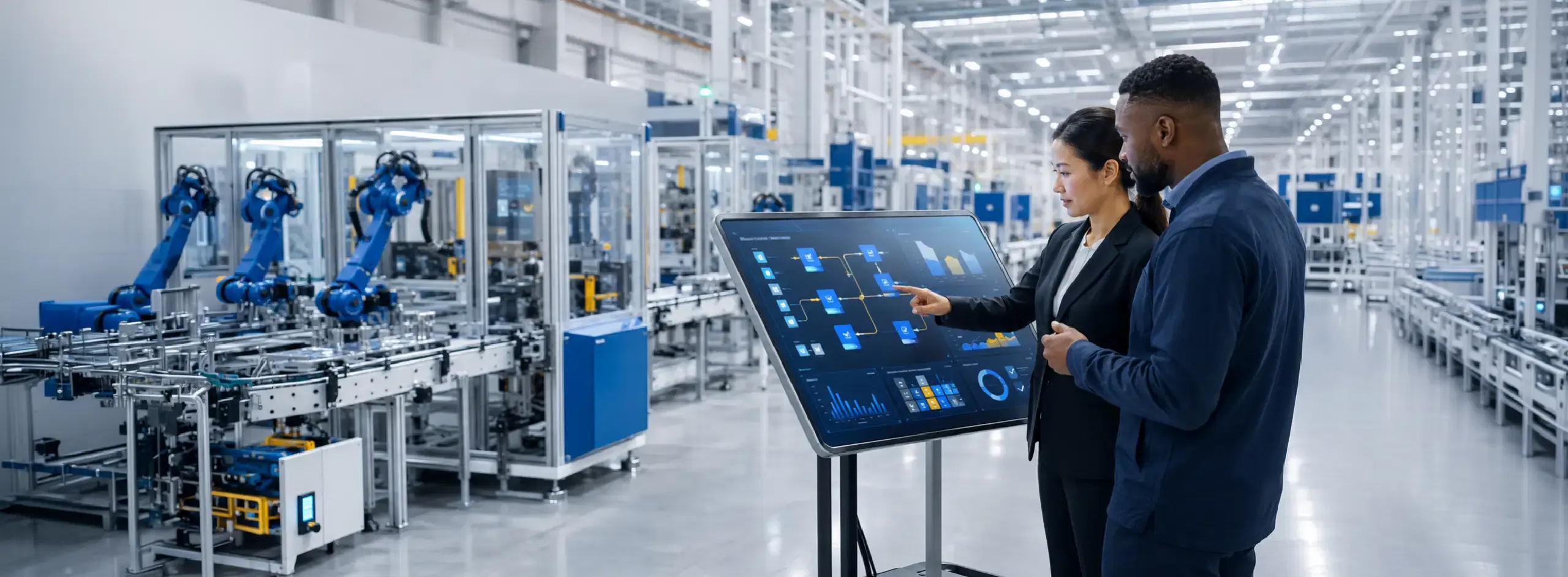 Manufacturing team reviewing ERP workflow and production requirements on a digital display