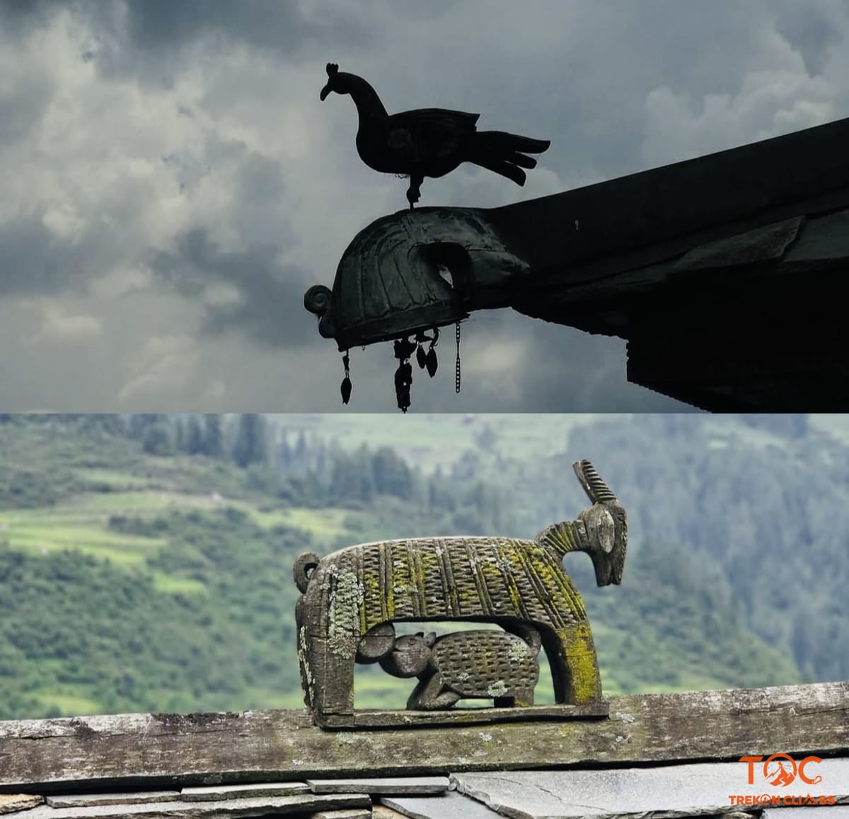 Intricate traditional wooden folk art sculptures featuring carved mountain birds and wildlife