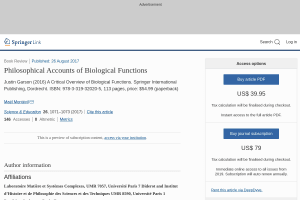 Philosophical accounts of biological functions: Justin garson (2016) a critical overview of biological functions. Springer international publishing, dordrecht. ISBN: 978-3-319-32020-5, 113 pages, price: $54.99 (paperback)