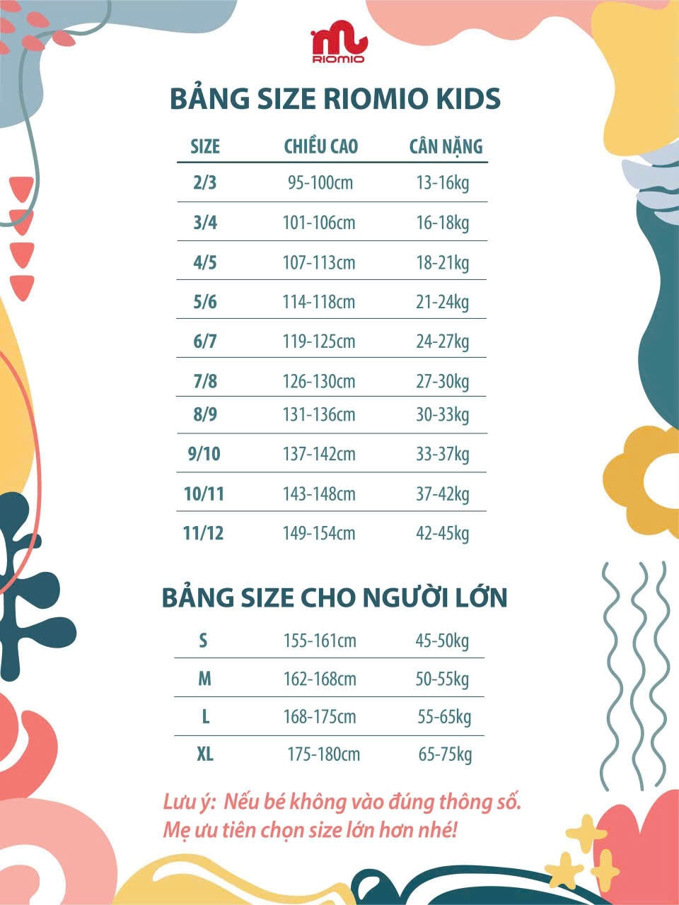 Bảng size cho bé, mẹ tham khảo nha!