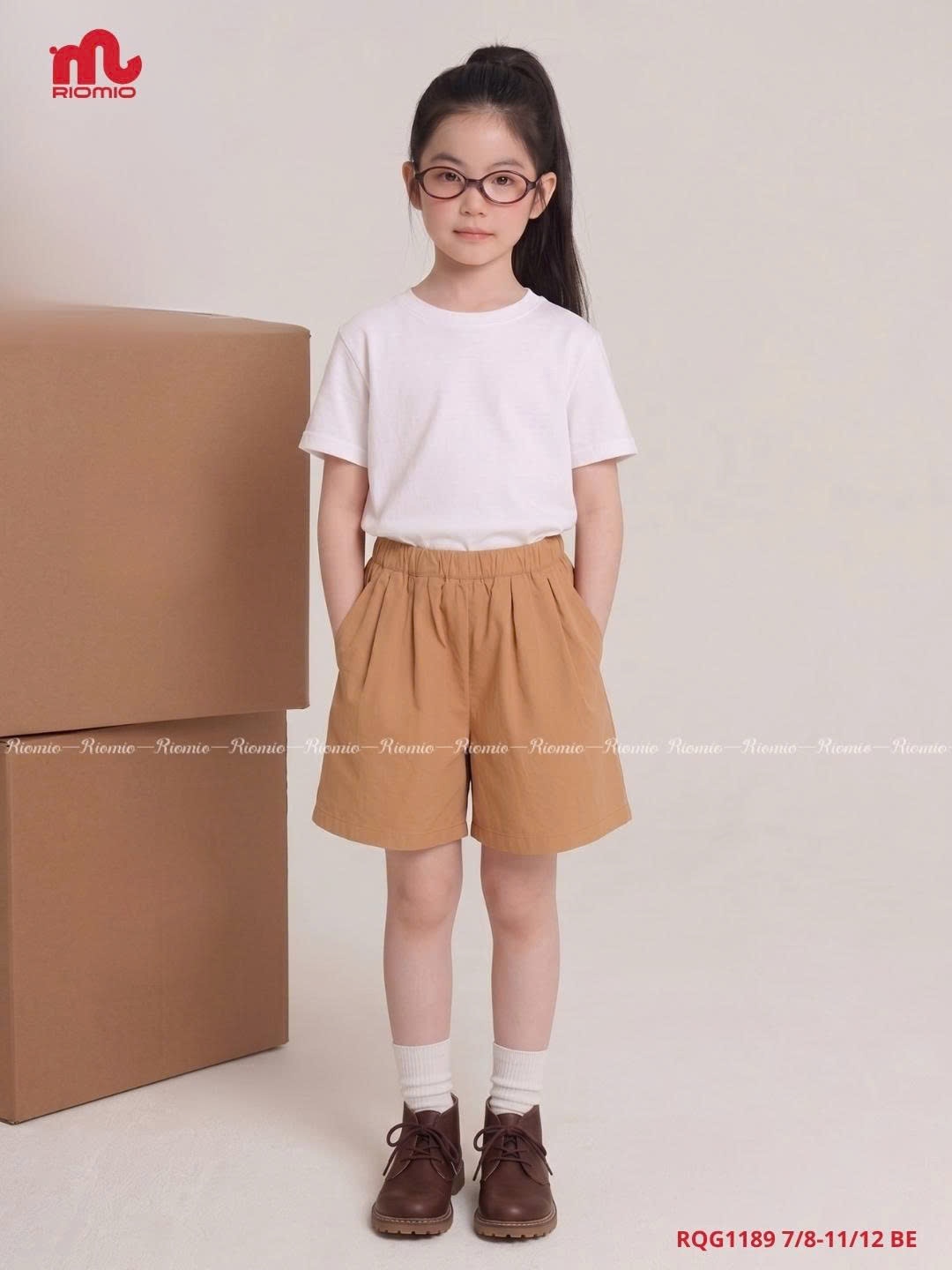 Quần sooc kaki ly phồng bé gái (7–12 tuổi)