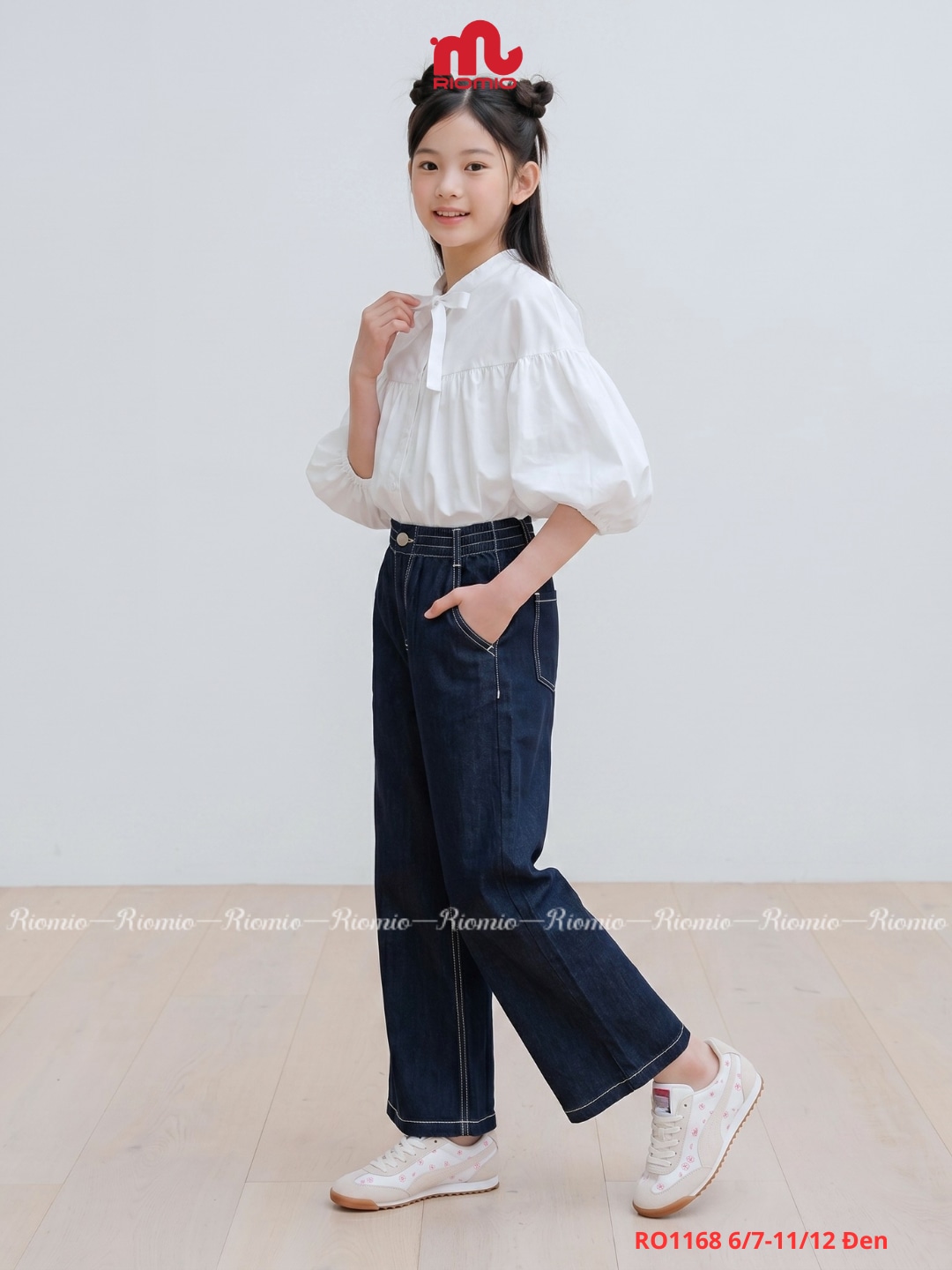 Quần jean phối cúc bé gái (6–12 tuổi)