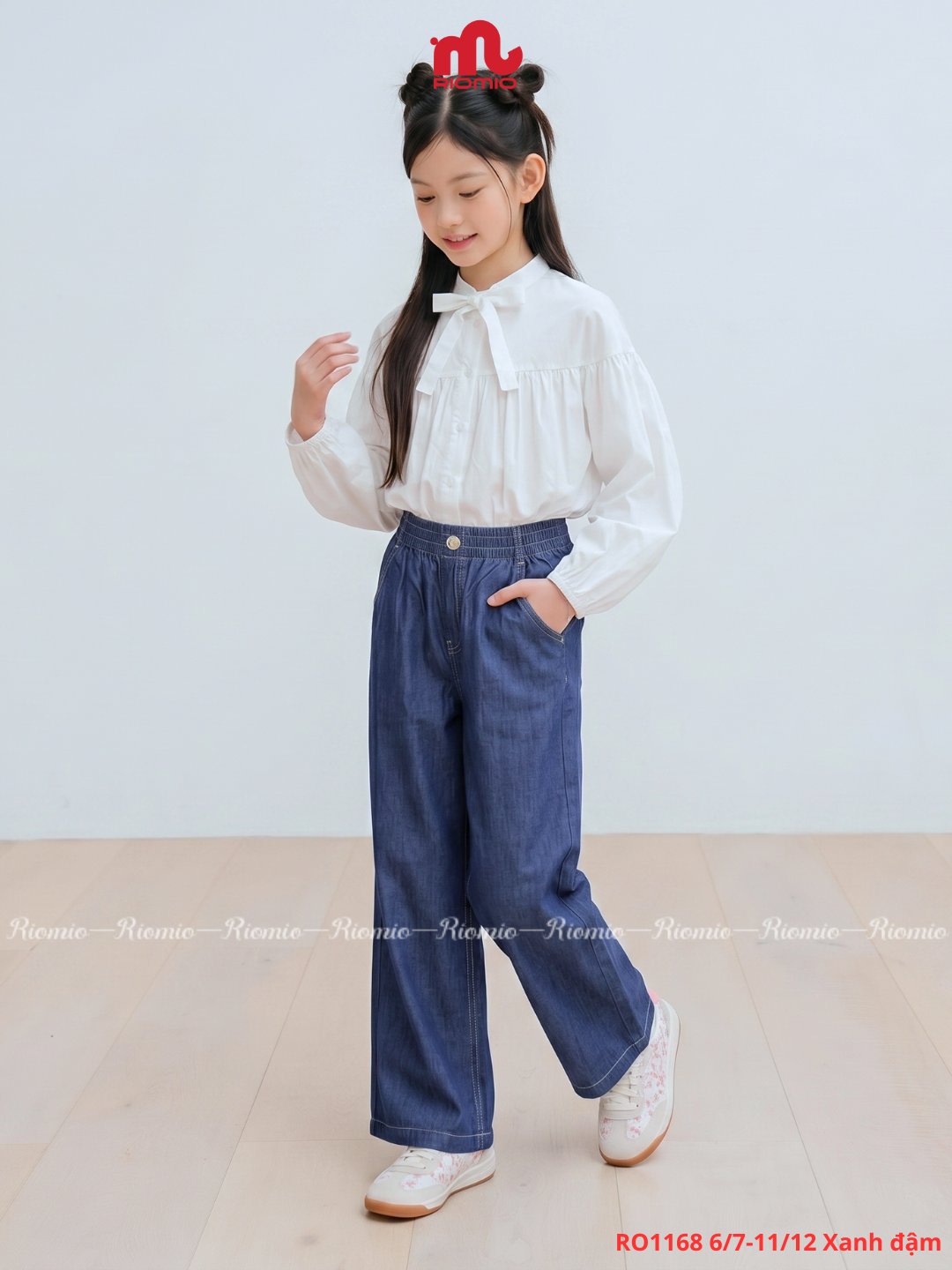 Quần jean phối cúc bé gái (6–12 tuổi)