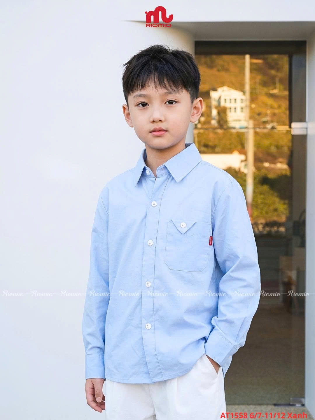 Sơ mi dài tay modal túi ngực bé trai (6–12 tuổi)
