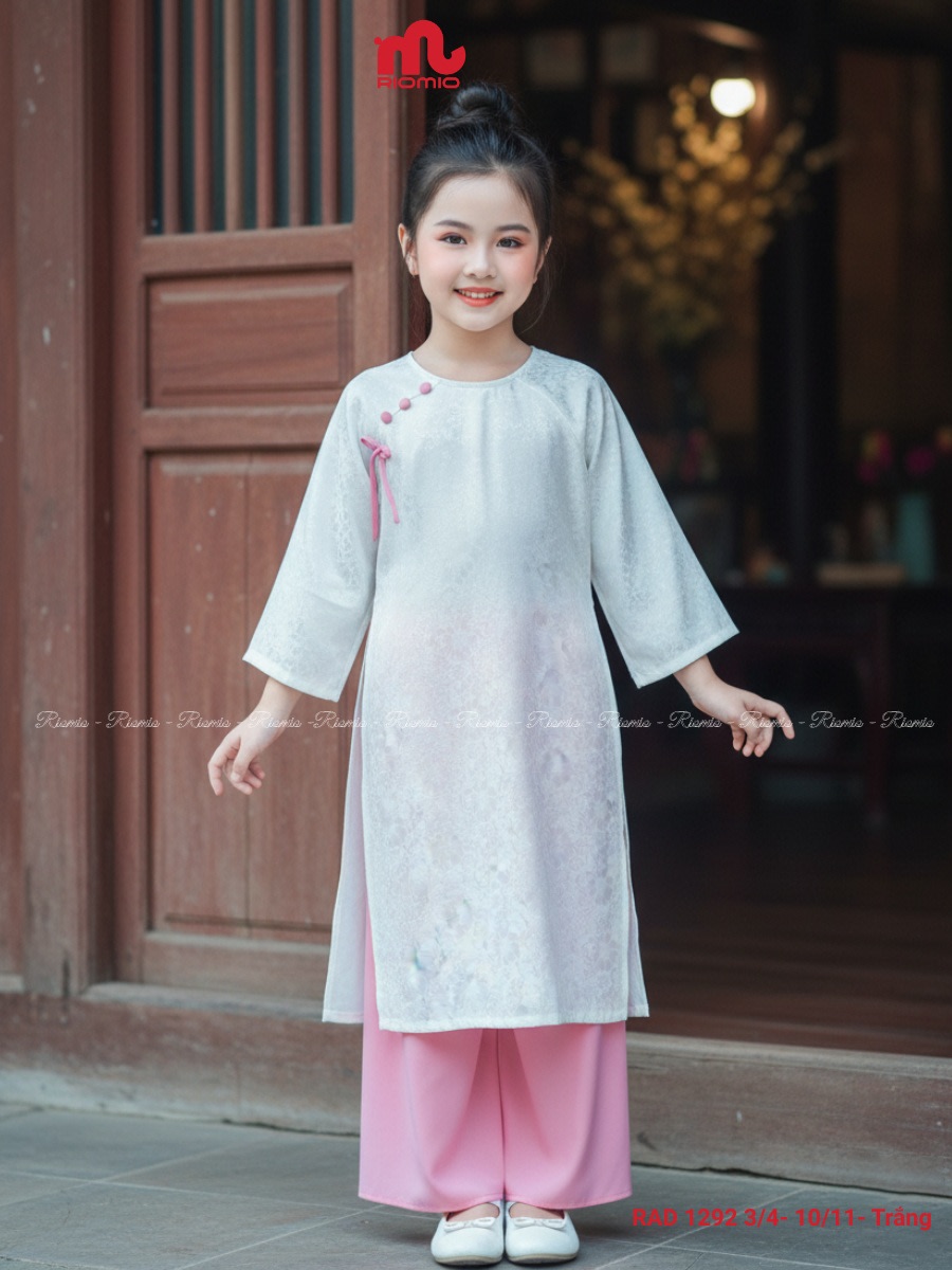 Áo dài lụa gấm đính nơ bé gái (3–11 tuổi)