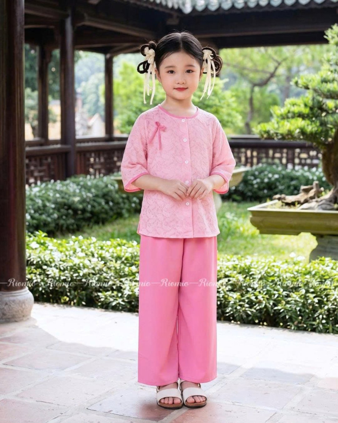 Bộ bà ba lụa gấm vân mây bé gái (2–8 tuổi)