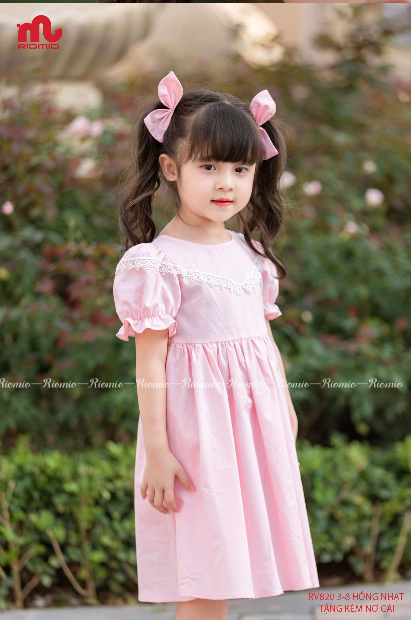 Váy thô Hàn Michiru ren hoa kèm 2 nơ (3–9 tuổi)