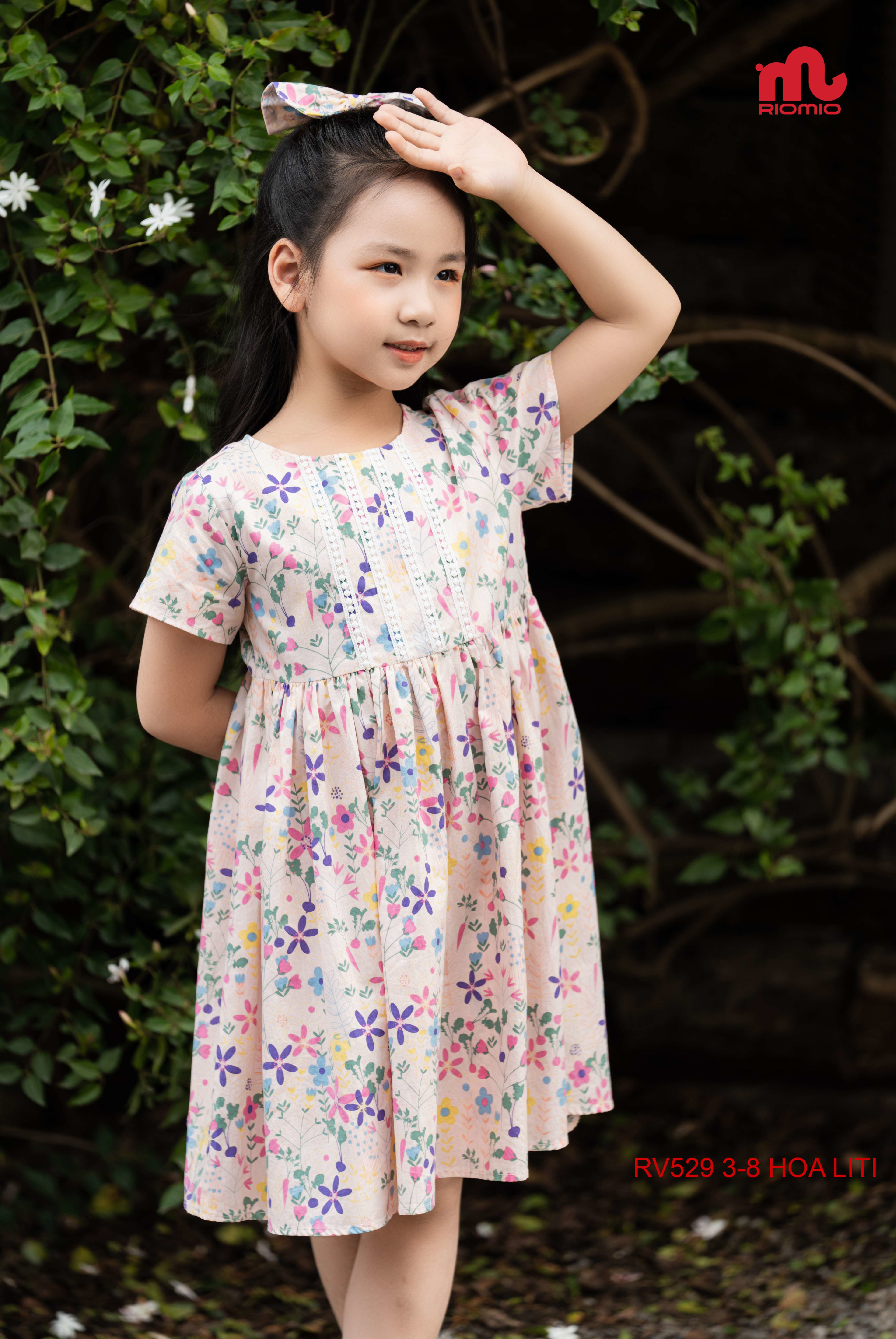 Váy thô hoa Hilary ren ngực kèm nơ (3–9 tuổi)