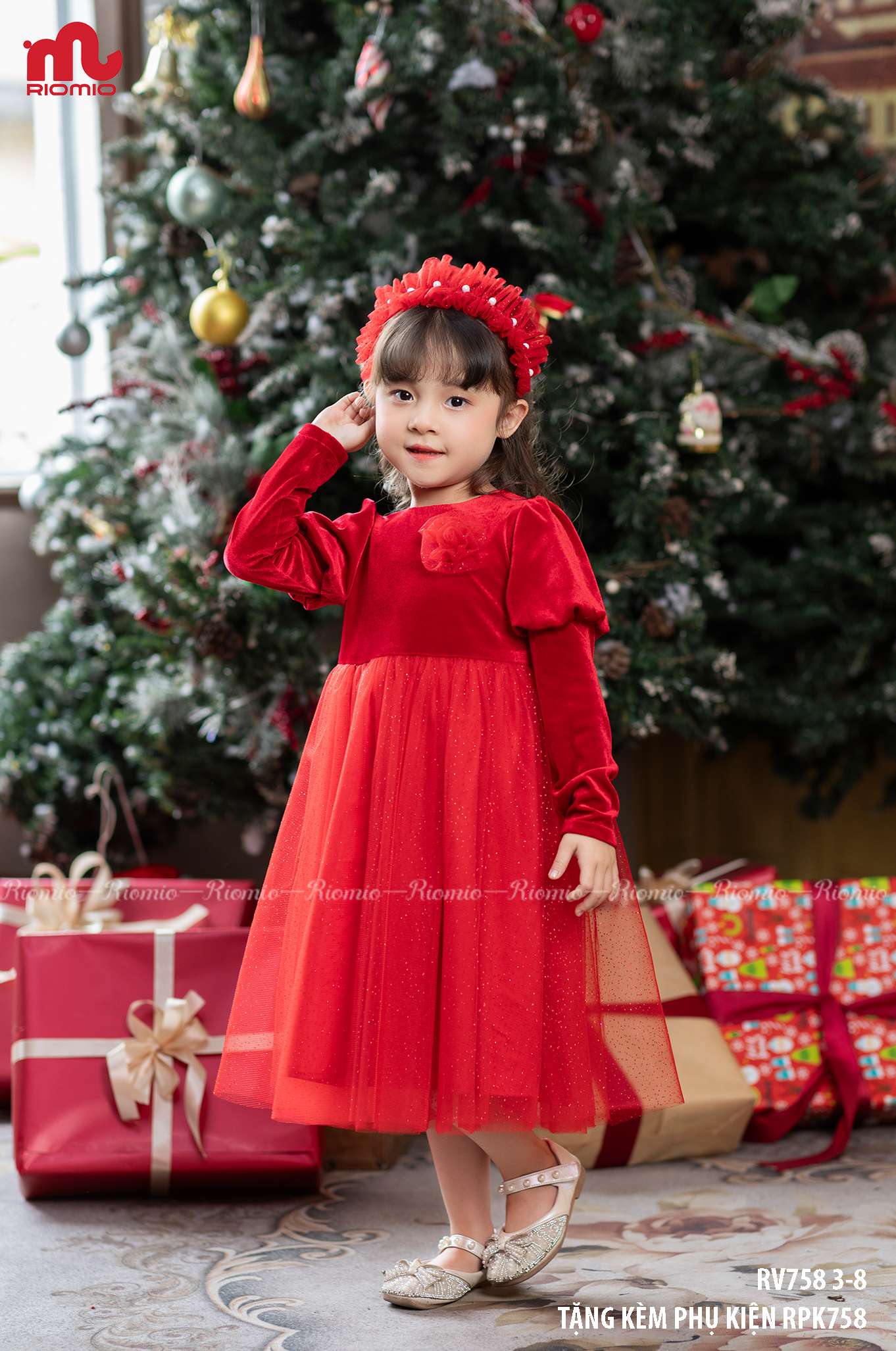 Váy công chúa nhung đỏ Ruby kèm bờm (3–9 tuổi)