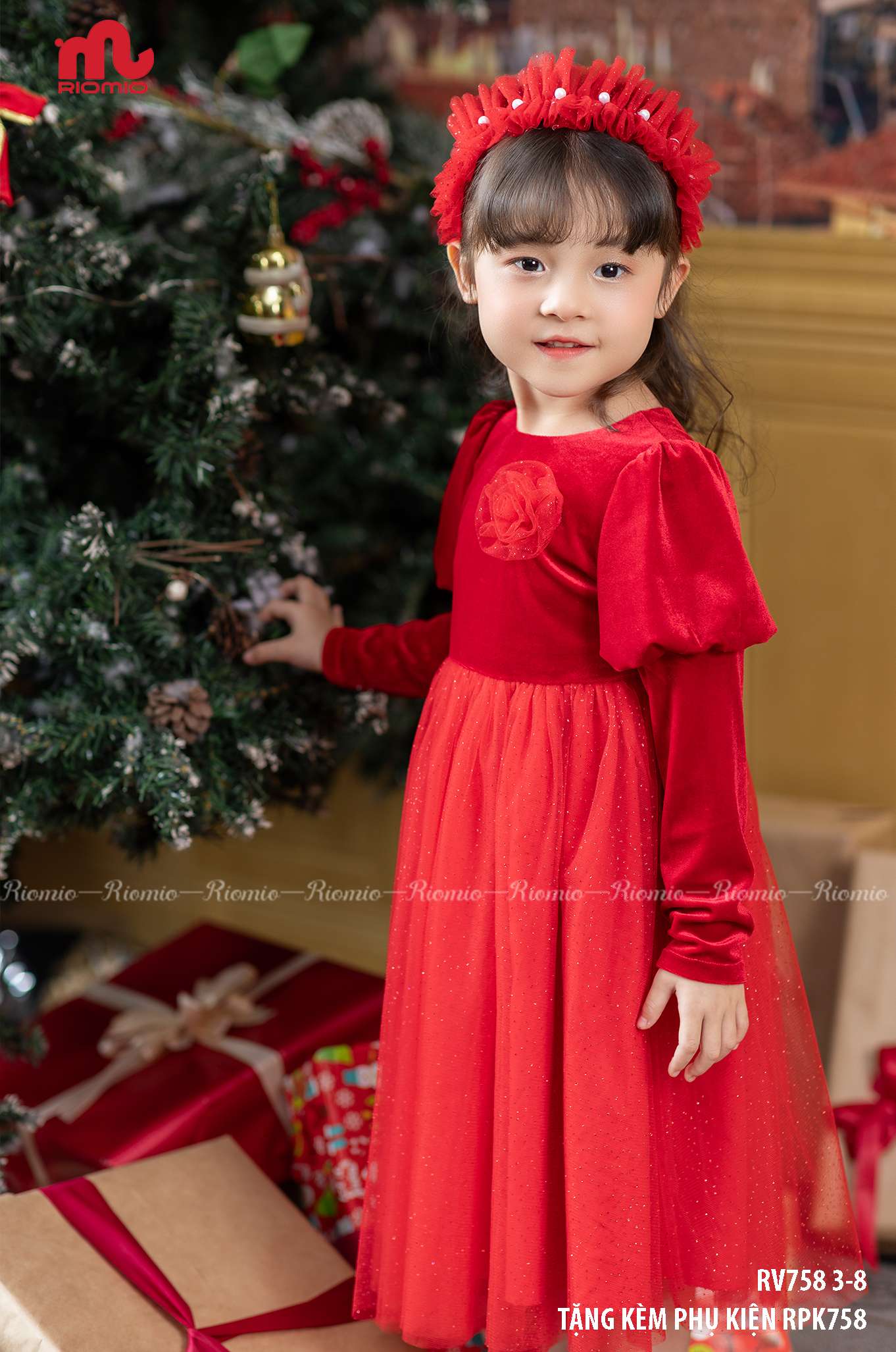 Váy công chúa nhung đỏ Ruby kèm bờm (3–9 tuổi)