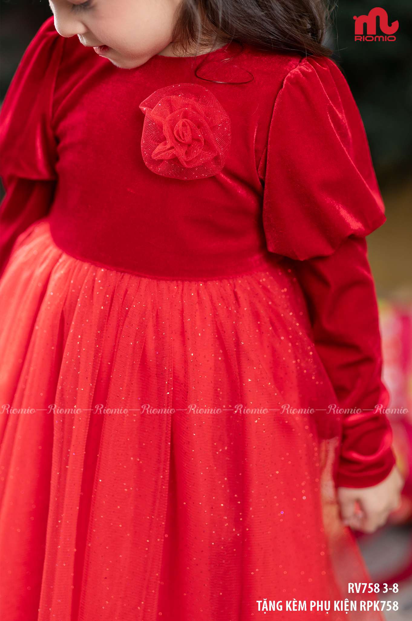 Váy công chúa nhung đỏ Ruby kèm bờm (3–9 tuổi)