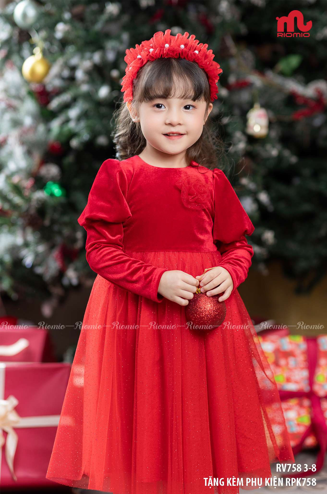 Váy công chúa nhung đỏ Ruby kèm bờm (3–9 tuổi)