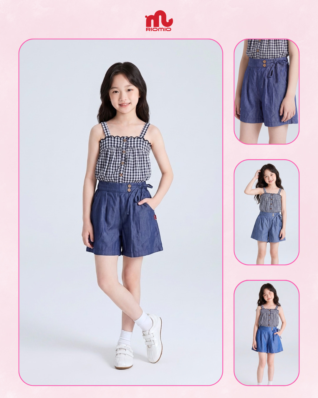 Quần sooc Tencel phối nơ hai cúc bé gái (6–11 tuổi)