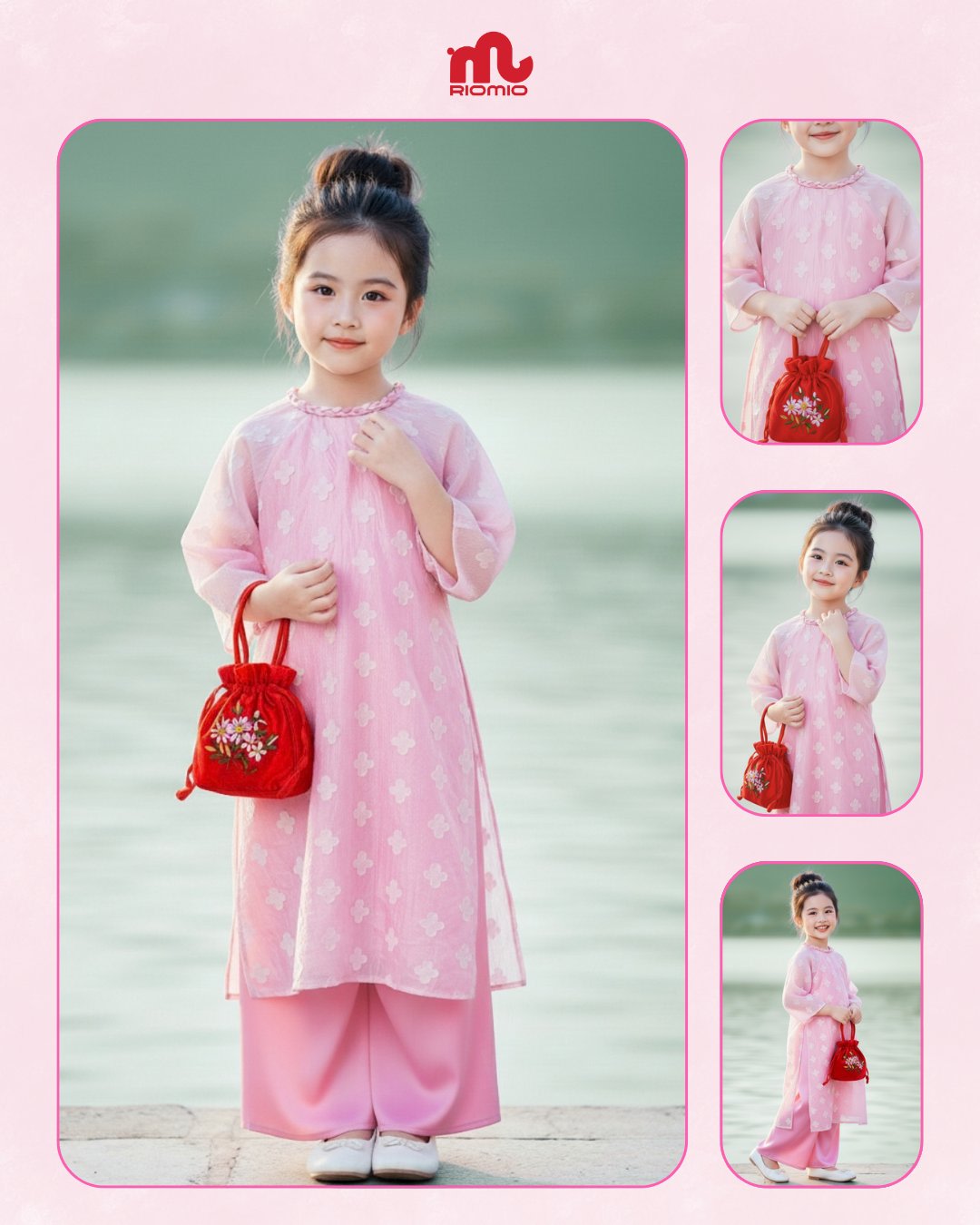 Áo Dài Bé Gái An Nhiên Tơ Hoa Đắp nổi Size 3-11 tuổi