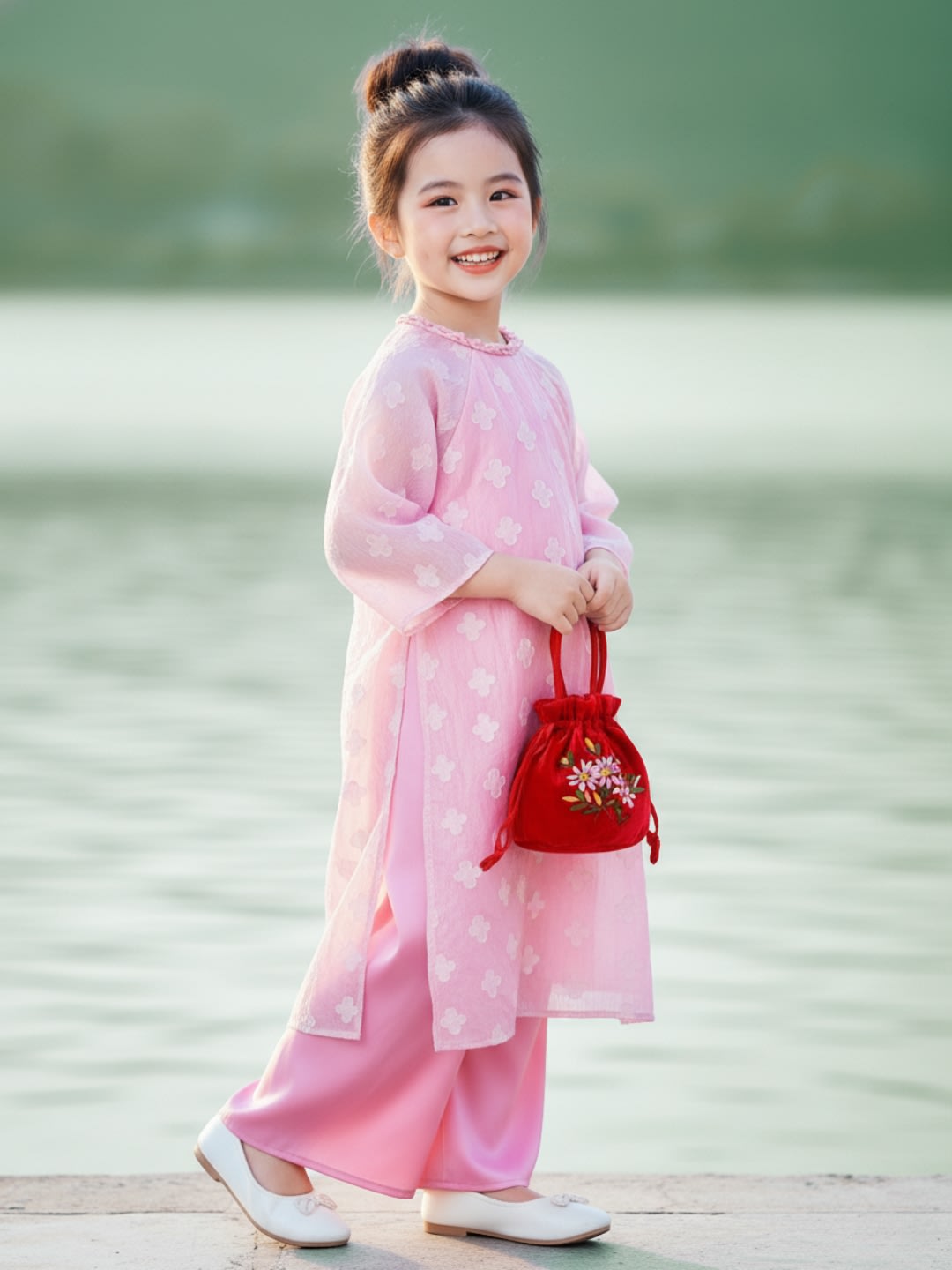 Áo Dài Bé Gái An Nhiên Tơ Hoa Đắp nổi Size 3-11 tuổi