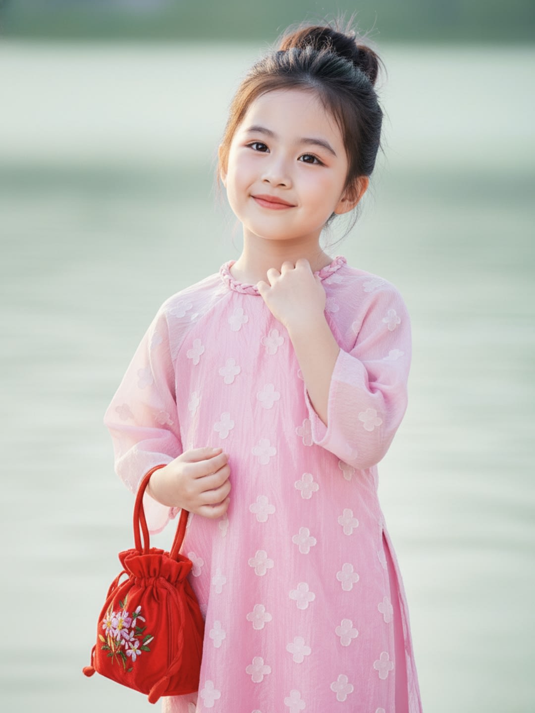 Áo Dài Bé Gái An Nhiên Tơ Hoa Đắp nổi Size 3-11 tuổi