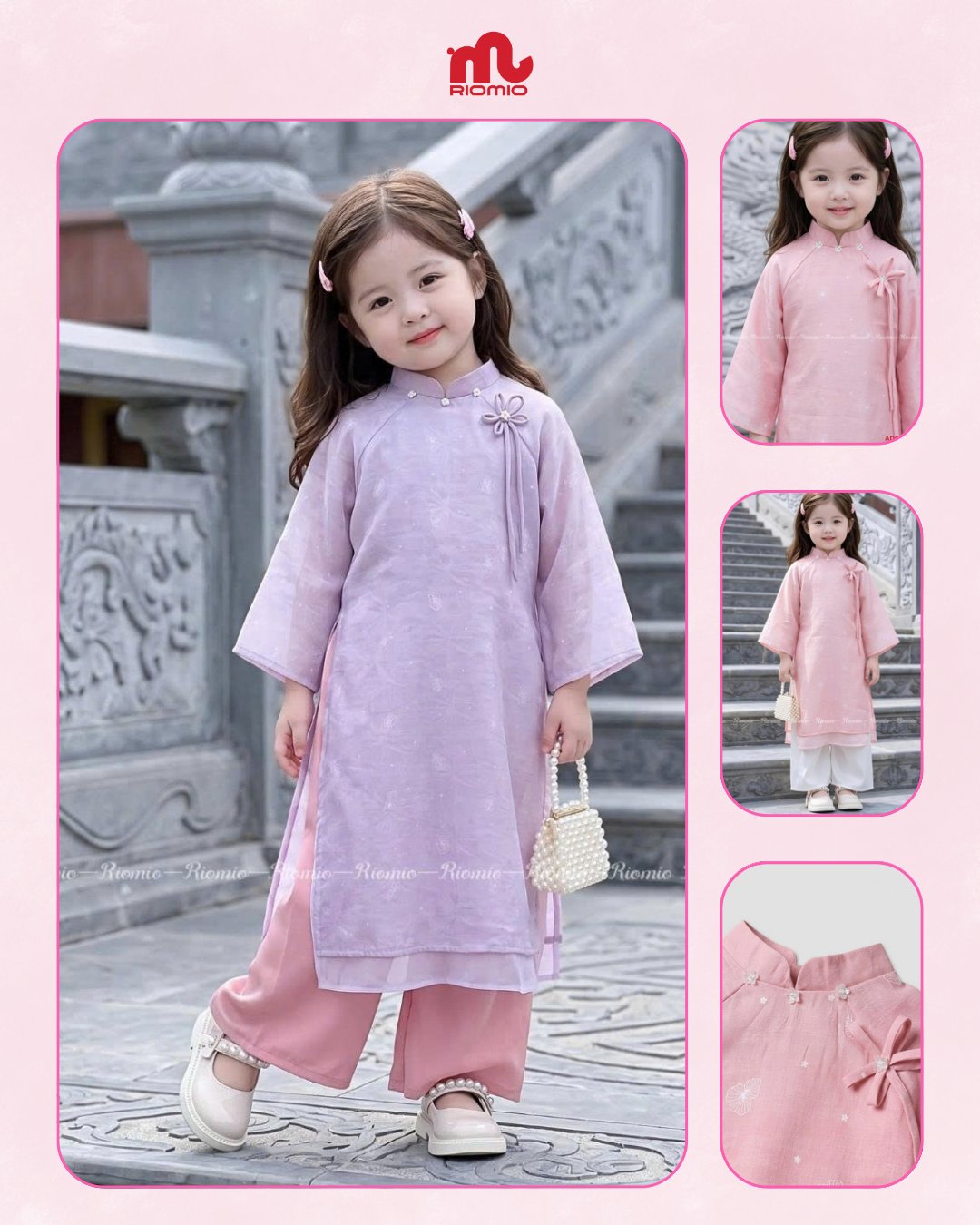Áo dài bé gái đính hoa 3-12 tuổi