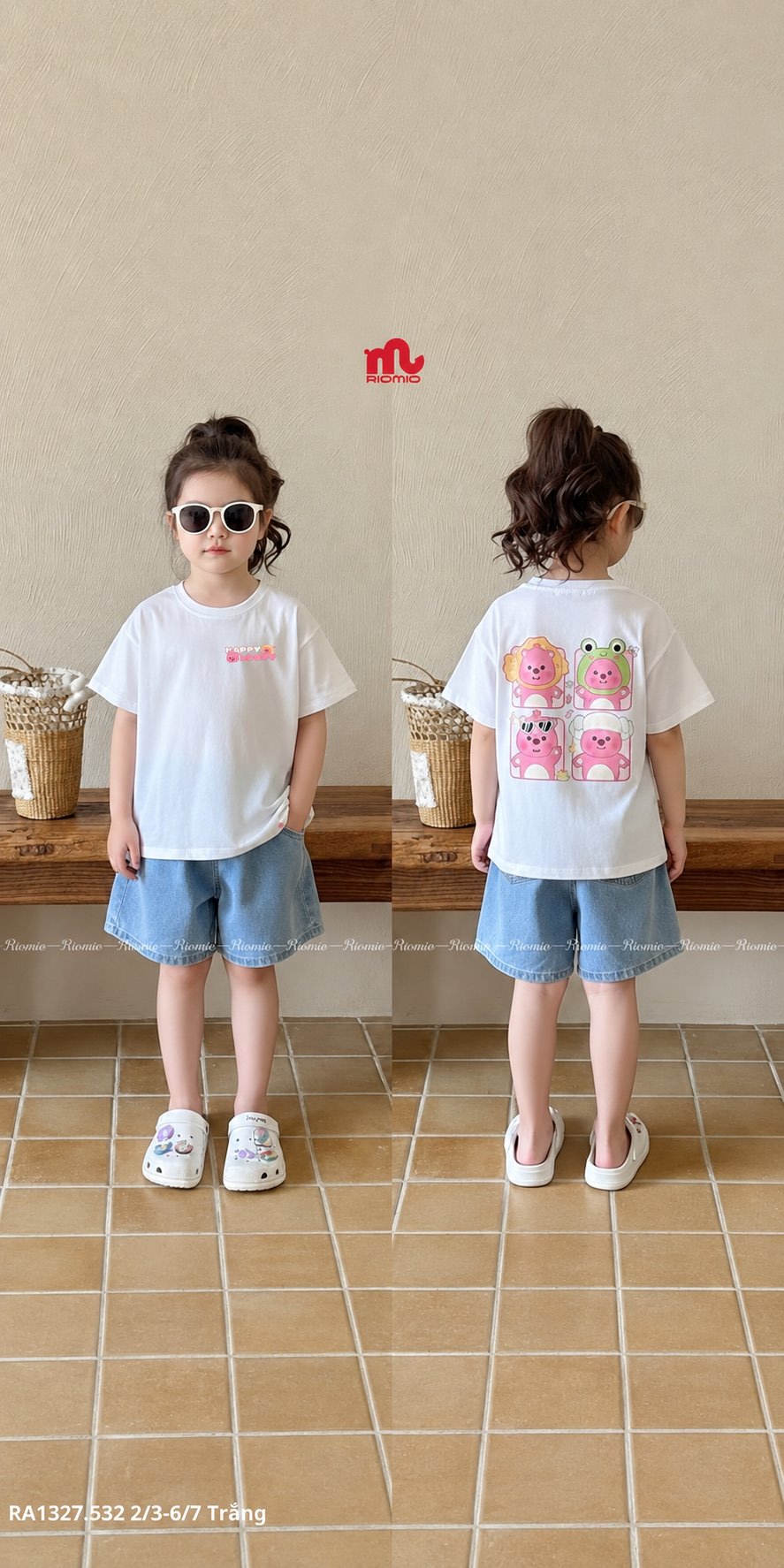 Áo phông cotton cộc tay phom rộng trễ vai cho bé 1–7 tuổi