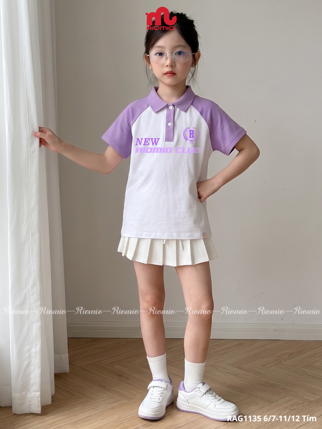 Áo polo in hình phom rộng rãi bé gái 6–12 tuổi