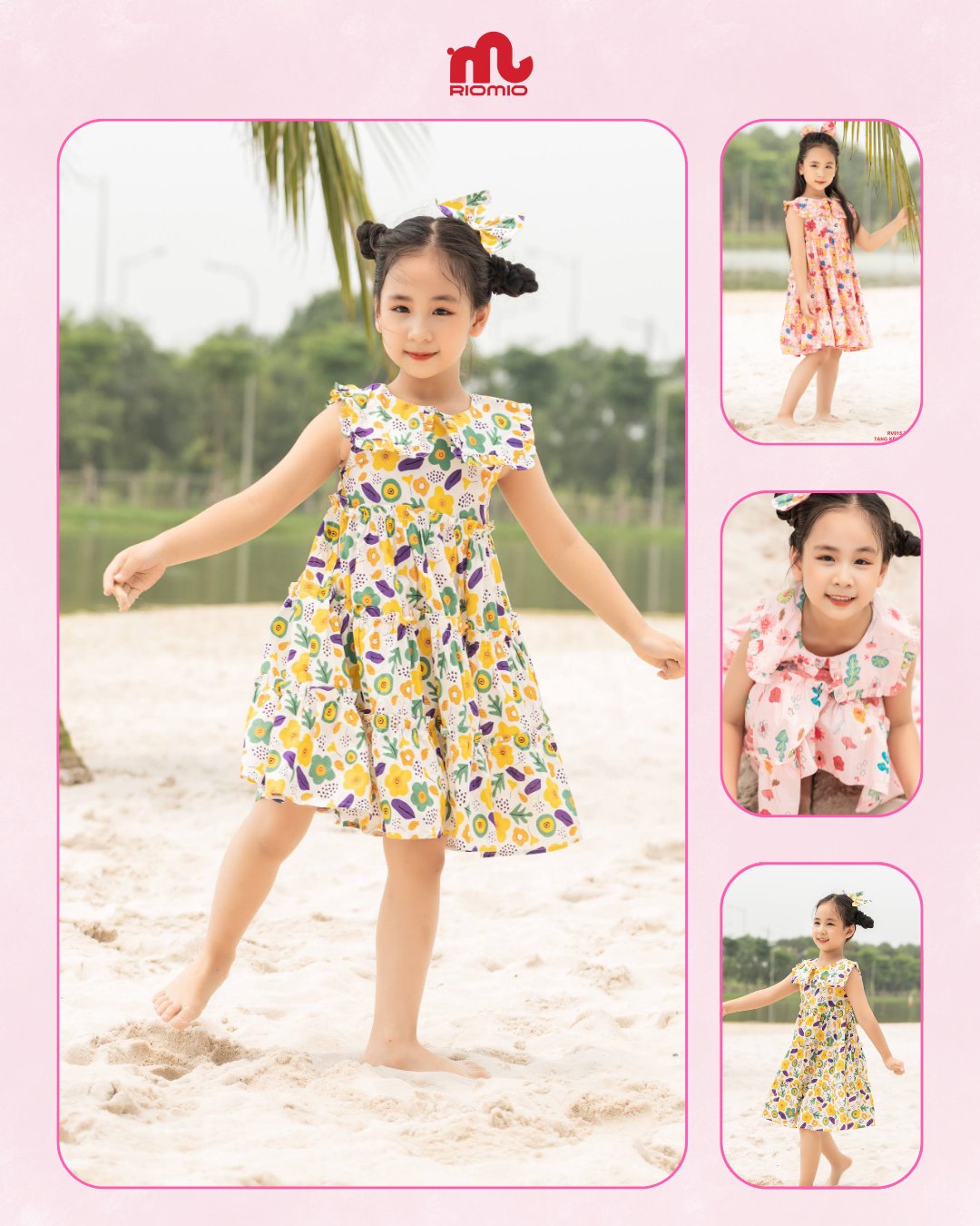 Váy thô hoa 3 tầng vai chờm kèm nơ bé gái 3–7 tuổi