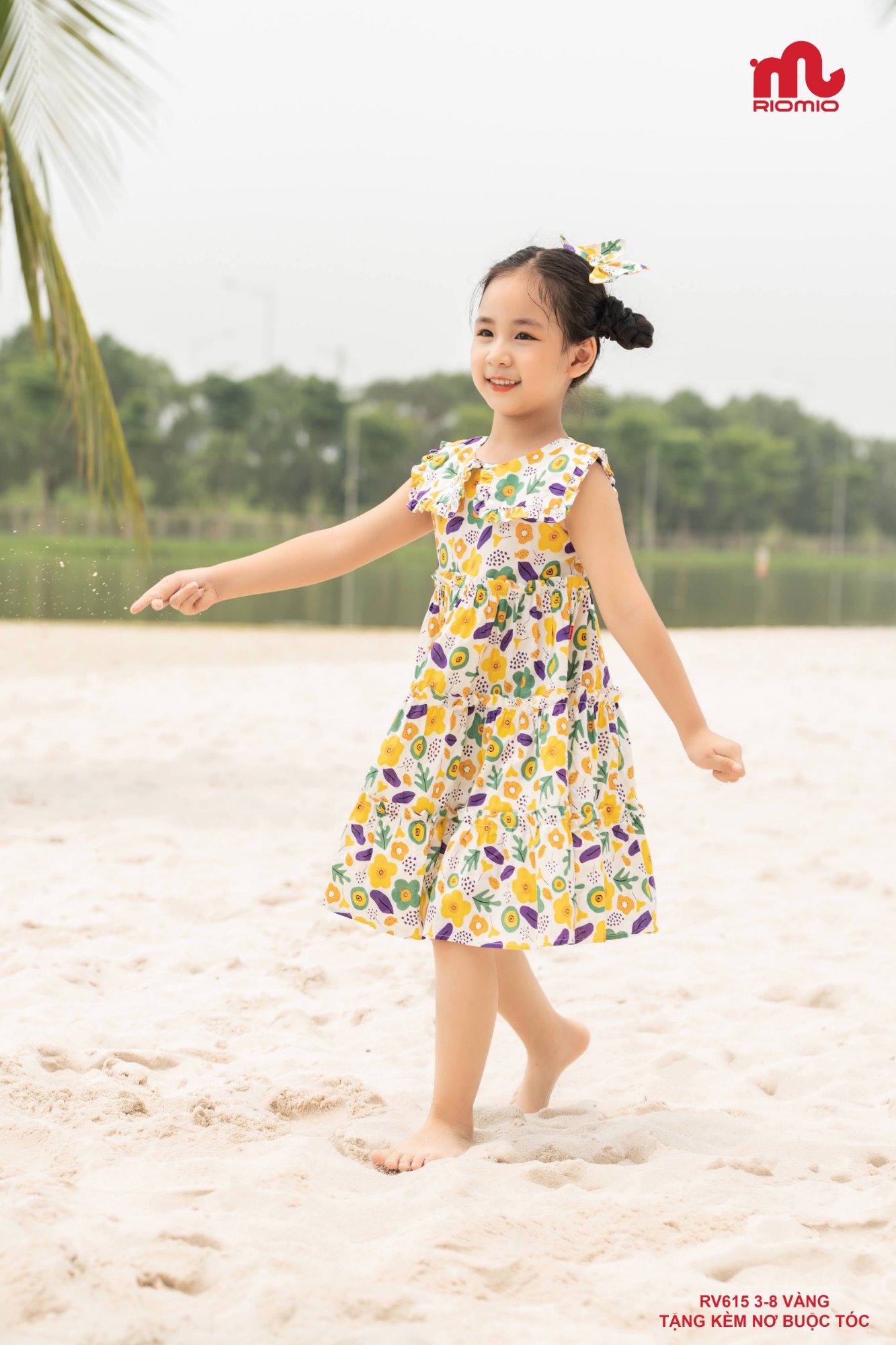 Váy thô hoa 3 tầng vai chờm kèm nơ bé gái 3–7 tuổi