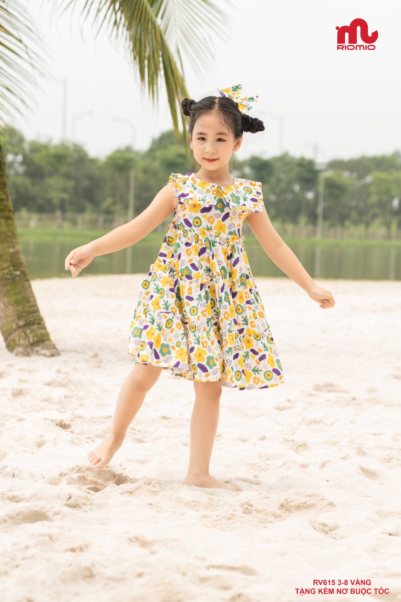 Váy thô hoa 3 tầng vai chờm kèm nơ bé gái 3–7 tuổi