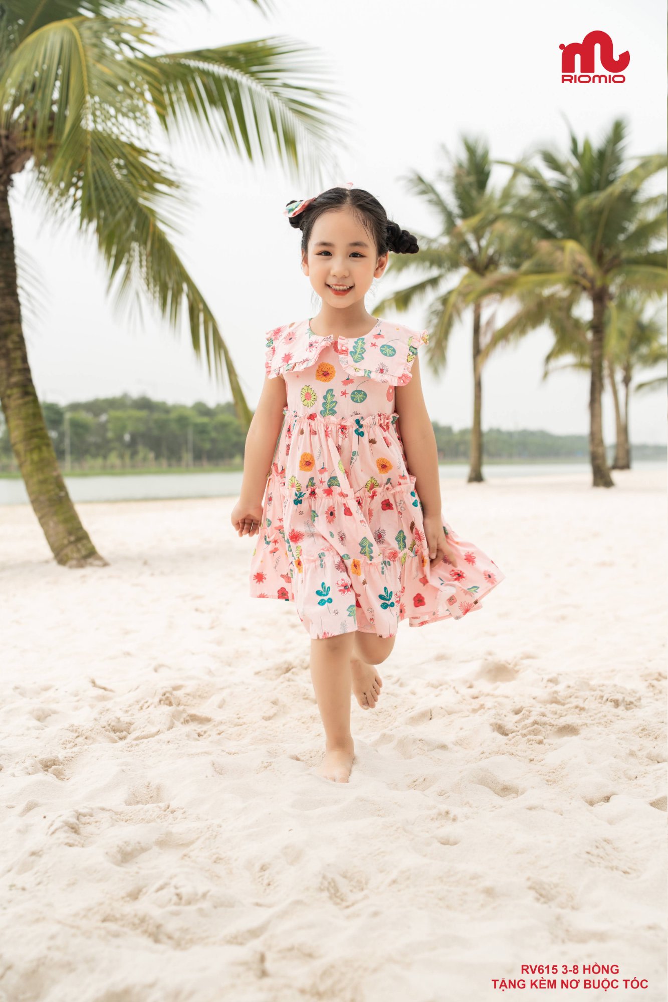 Váy thô hoa 3 tầng vai chờm kèm nơ bé gái 3–7 tuổi