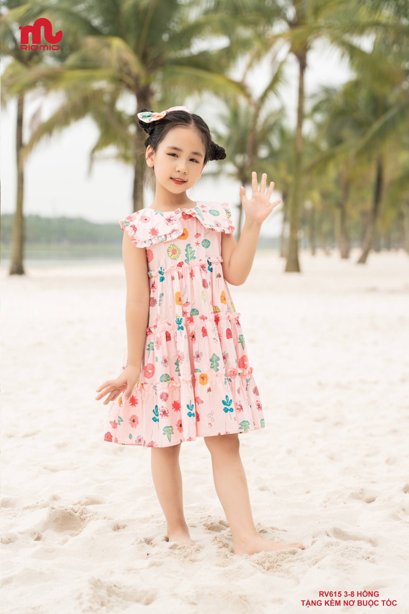 Váy thô hoa 3 tầng vai chờm kèm nơ bé gái 3–7 tuổi