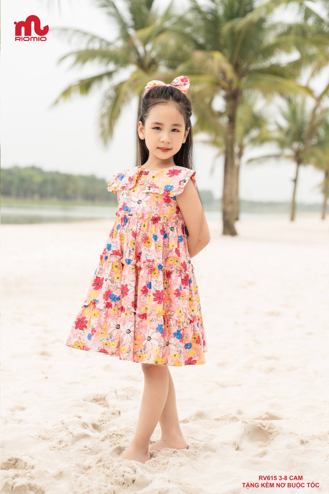 Váy thô hoa 3 tầng vai chờm kèm nơ bé gái 3–7 tuổi