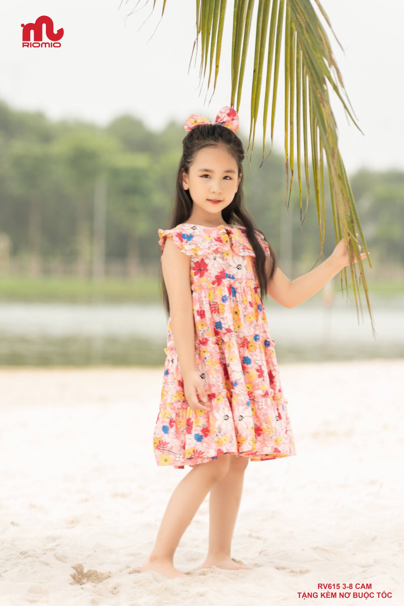 Váy thô hoa 3 tầng vai chờm kèm nơ bé gái 3–7 tuổi