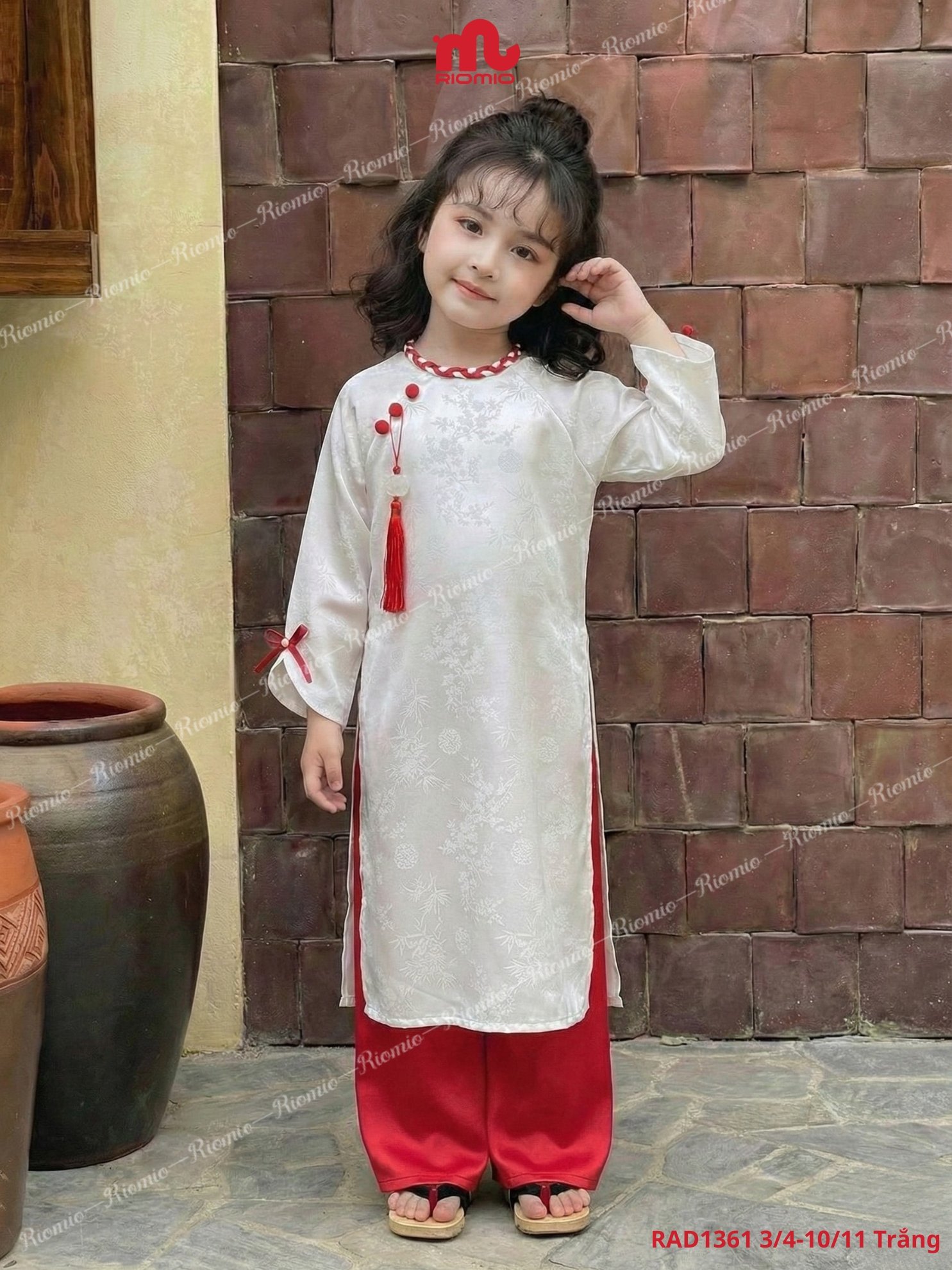 Áo dài Như Ngọc lụa gấm tết dây nơ đính ngọc bé gái 3–11 tuổi
