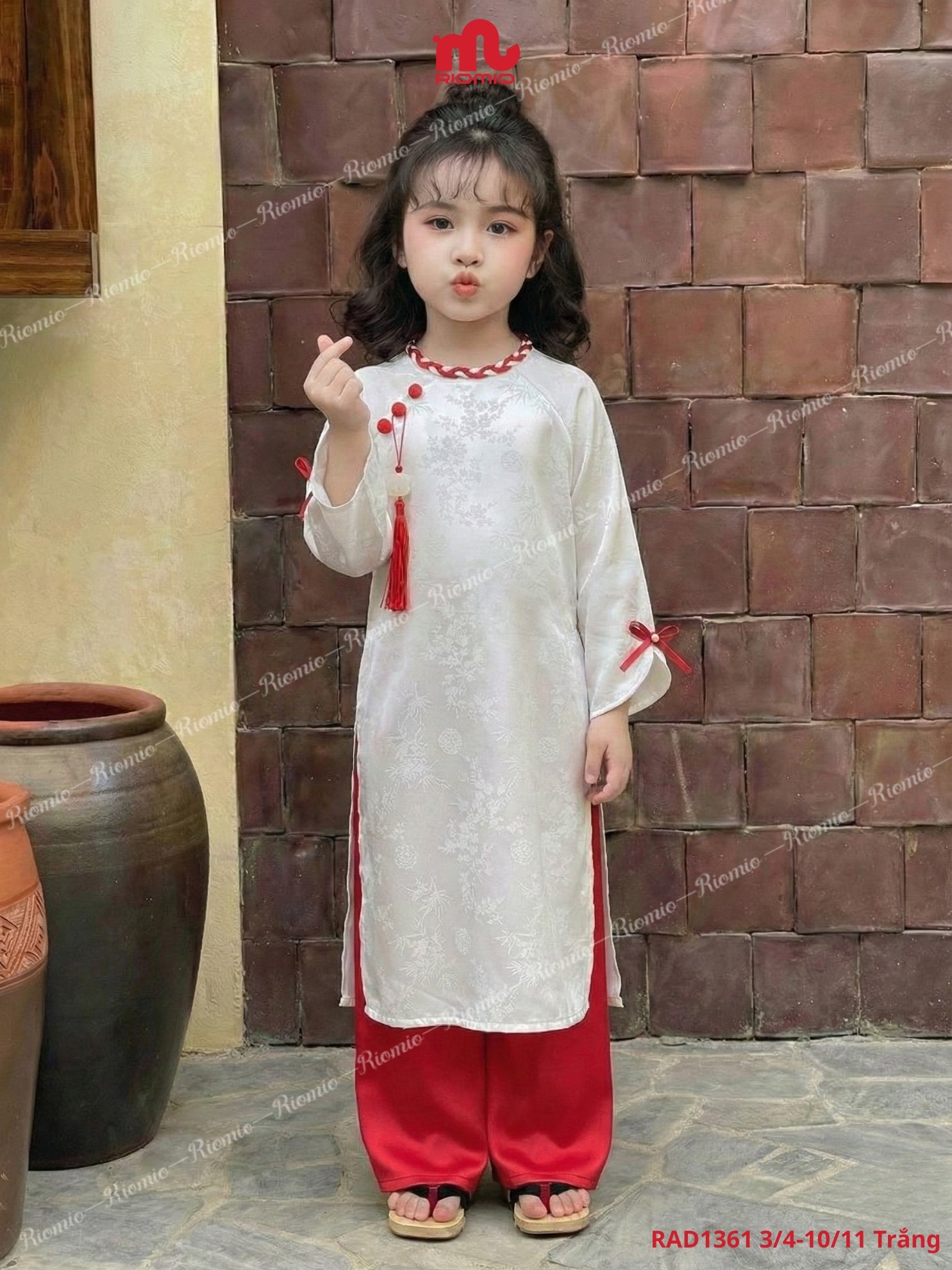 Áo dài Như Ngọc lụa gấm tết dây nơ đính ngọc bé gái 3–11 tuổi