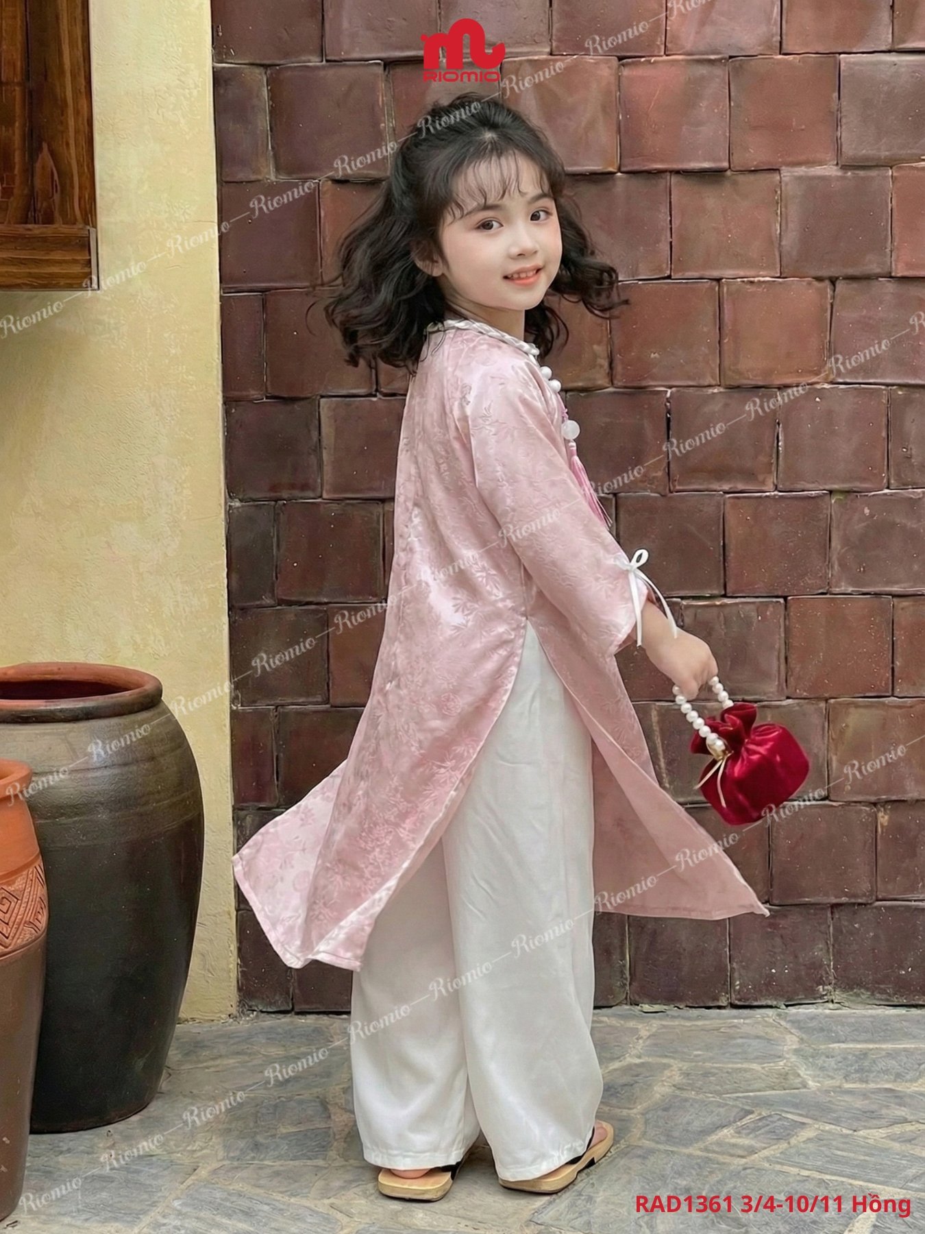 Áo dài Như Ngọc lụa gấm tết dây nơ đính ngọc bé gái 3–11 tuổi