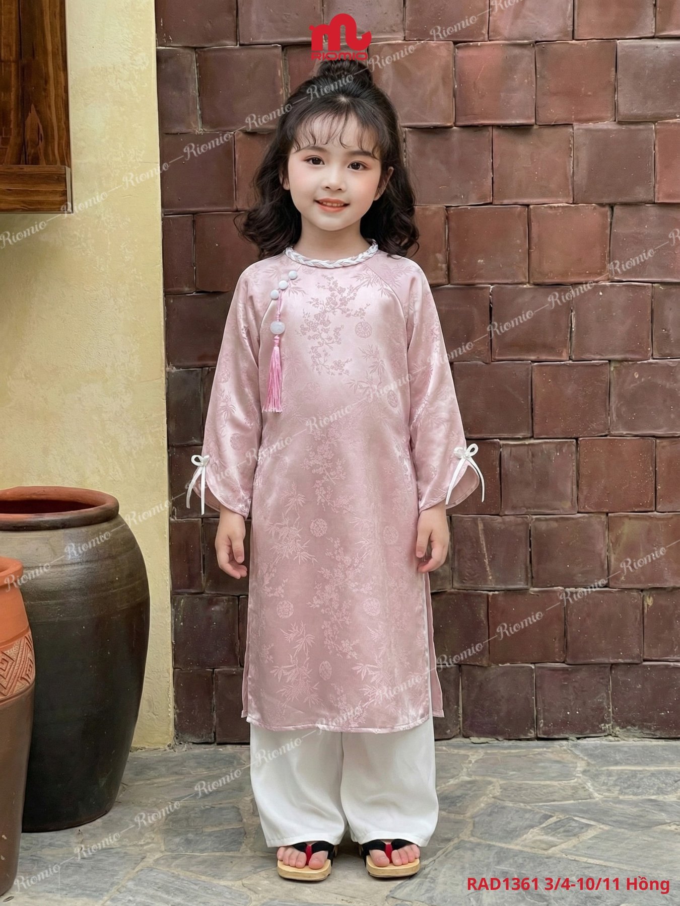 Áo dài Như Ngọc lụa gấm tết dây nơ đính ngọc bé gái 3–11 tuổi