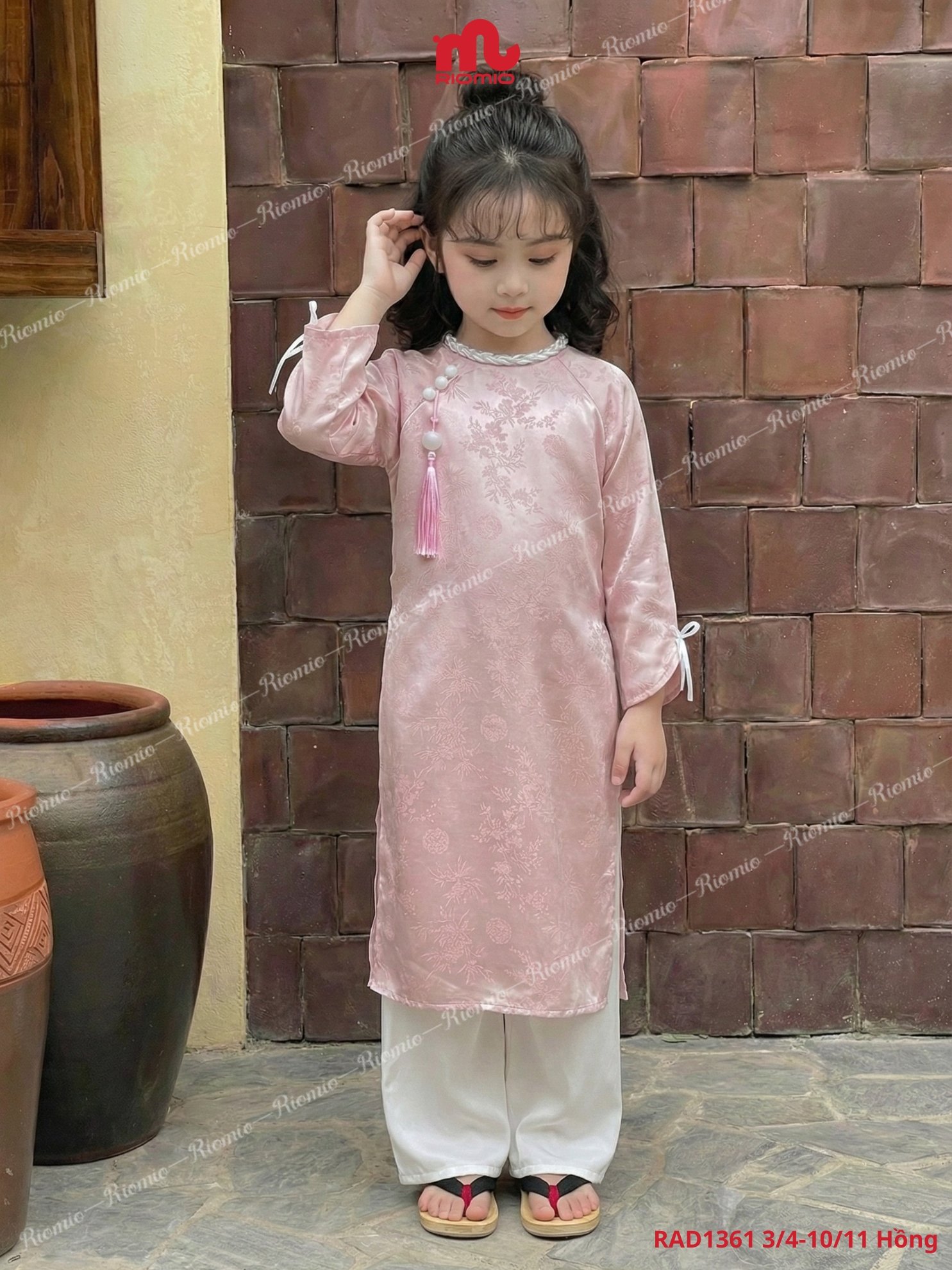 Áo dài Như Ngọc lụa gấm tết dây nơ đính ngọc bé gái 3–11 tuổi
