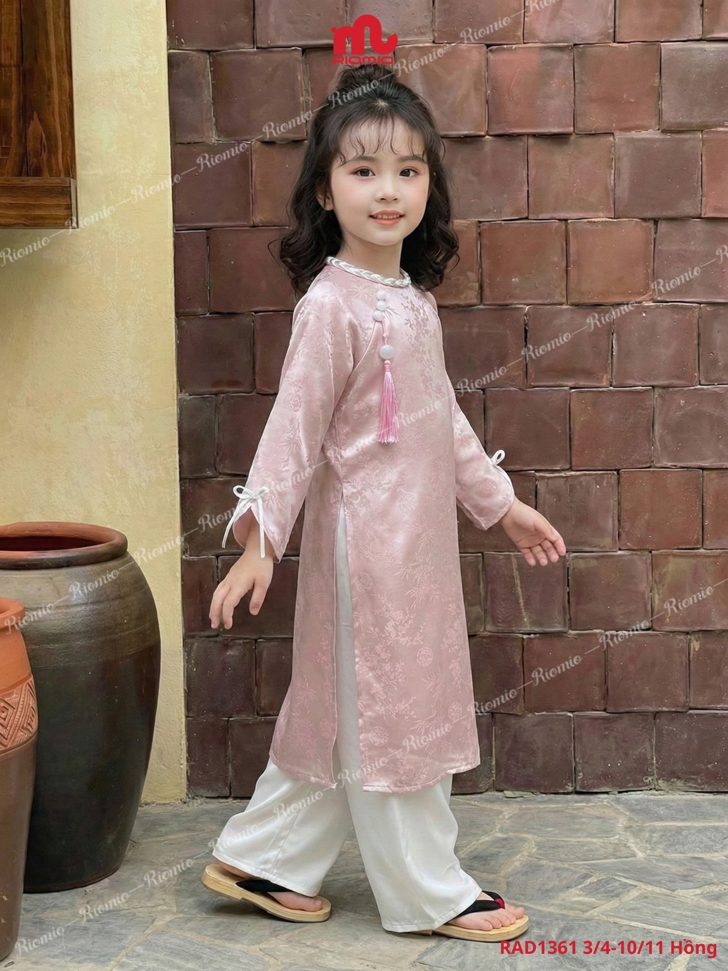 Áo dài Như Ngọc lụa gấm tết dây nơ đính ngọc bé gái 3–11 tuổi