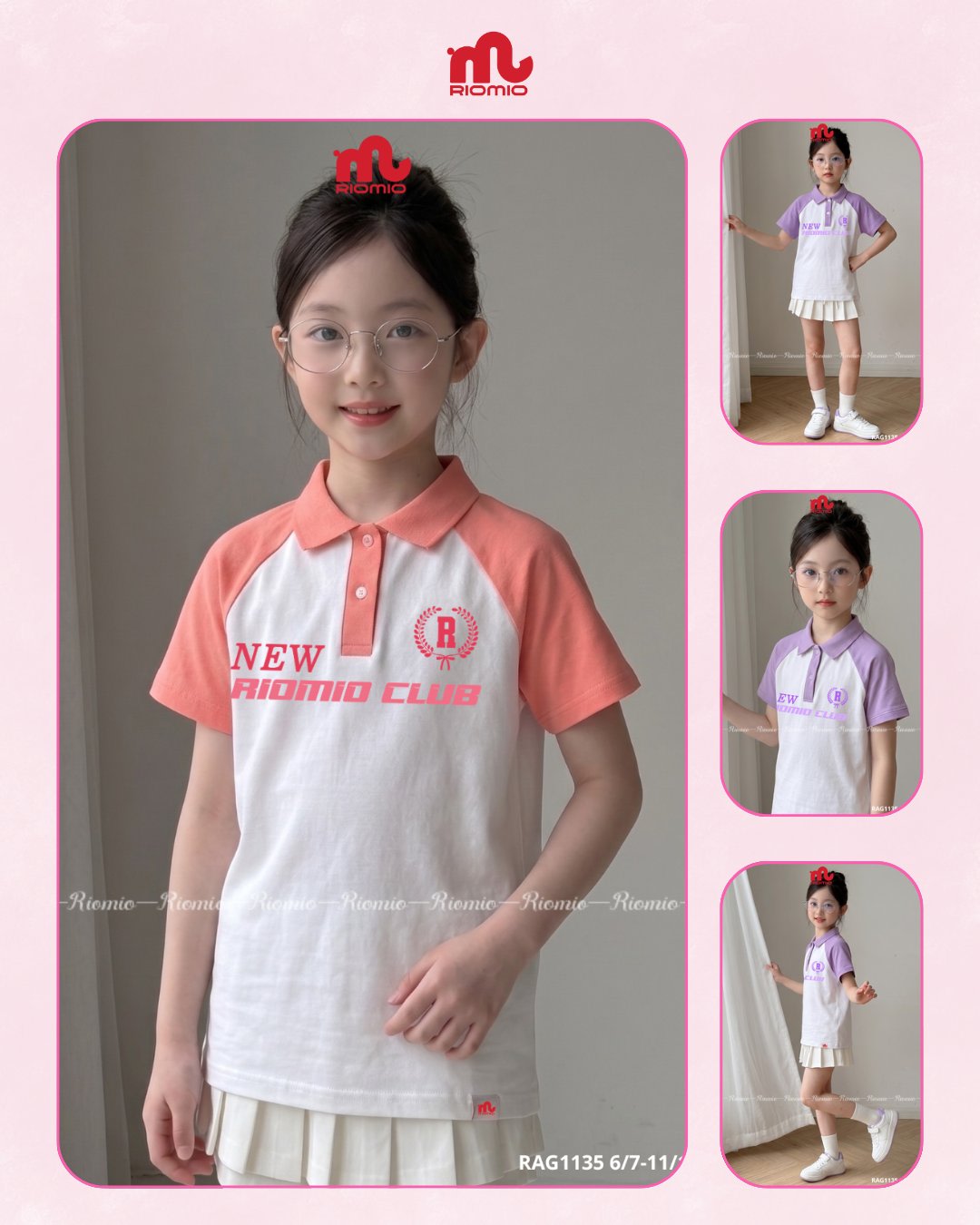 Áo polo cotton co giãn in hình bé gái 6–12 tuổi