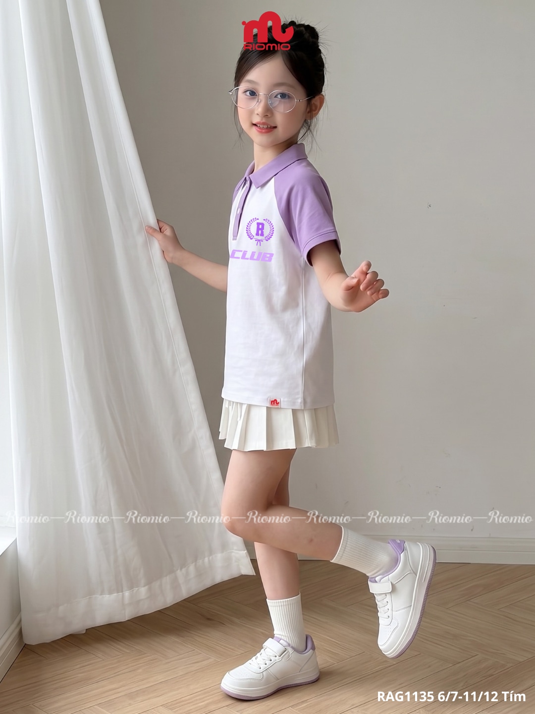 Áo polo cotton co giãn in hình bé gái 6–12 tuổi